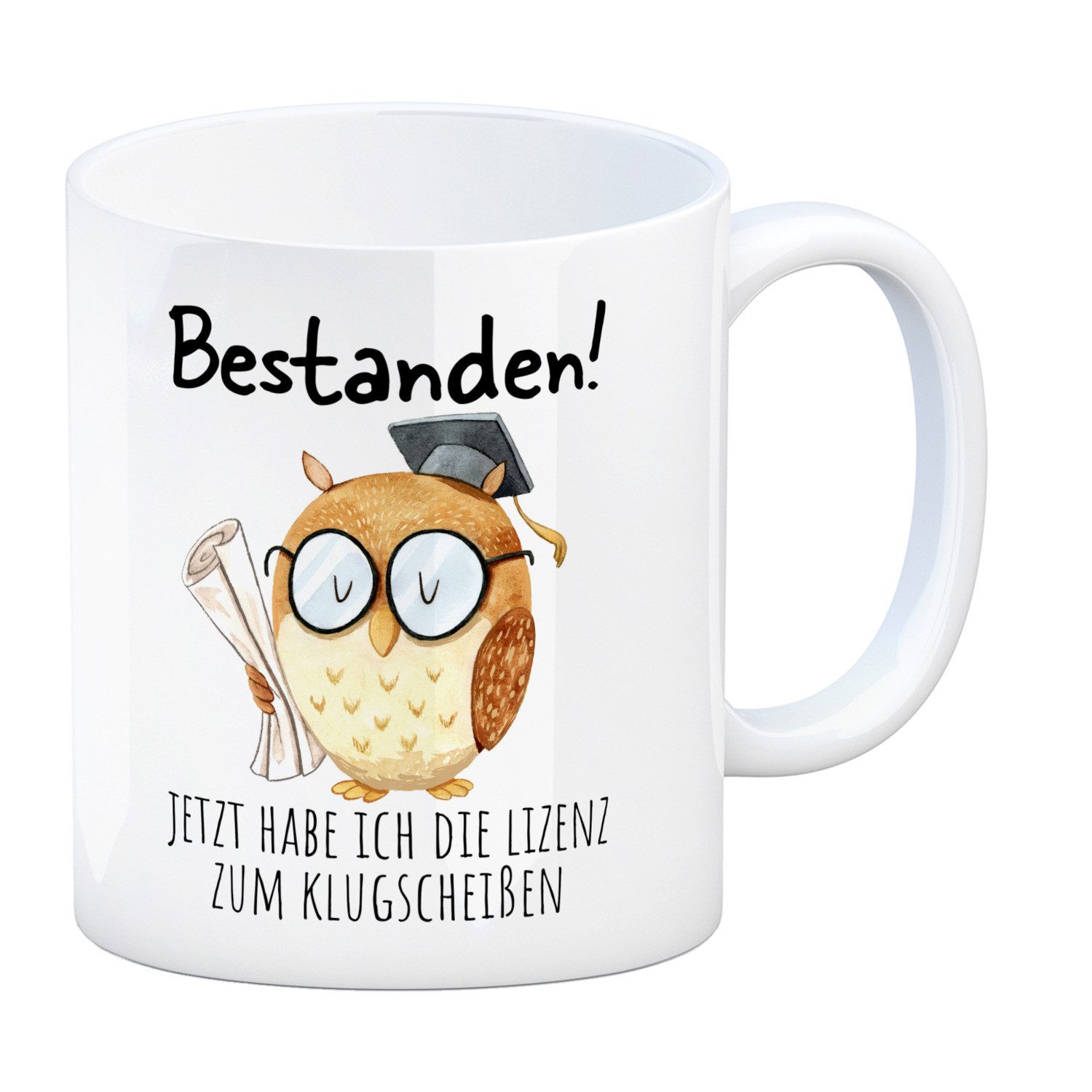 speecheese Tasse Bestandene Prüfung Eule Kaffeebecher mit Spruch Lizenz zum