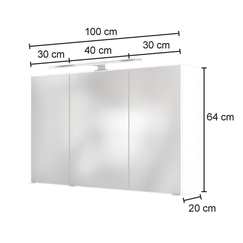 100/64-69/20 100cm LED Nb., Lomadox cm in Wotaneiche : Badezimmer FLORIDO-03-OAK 3-türig Spiegelschrank