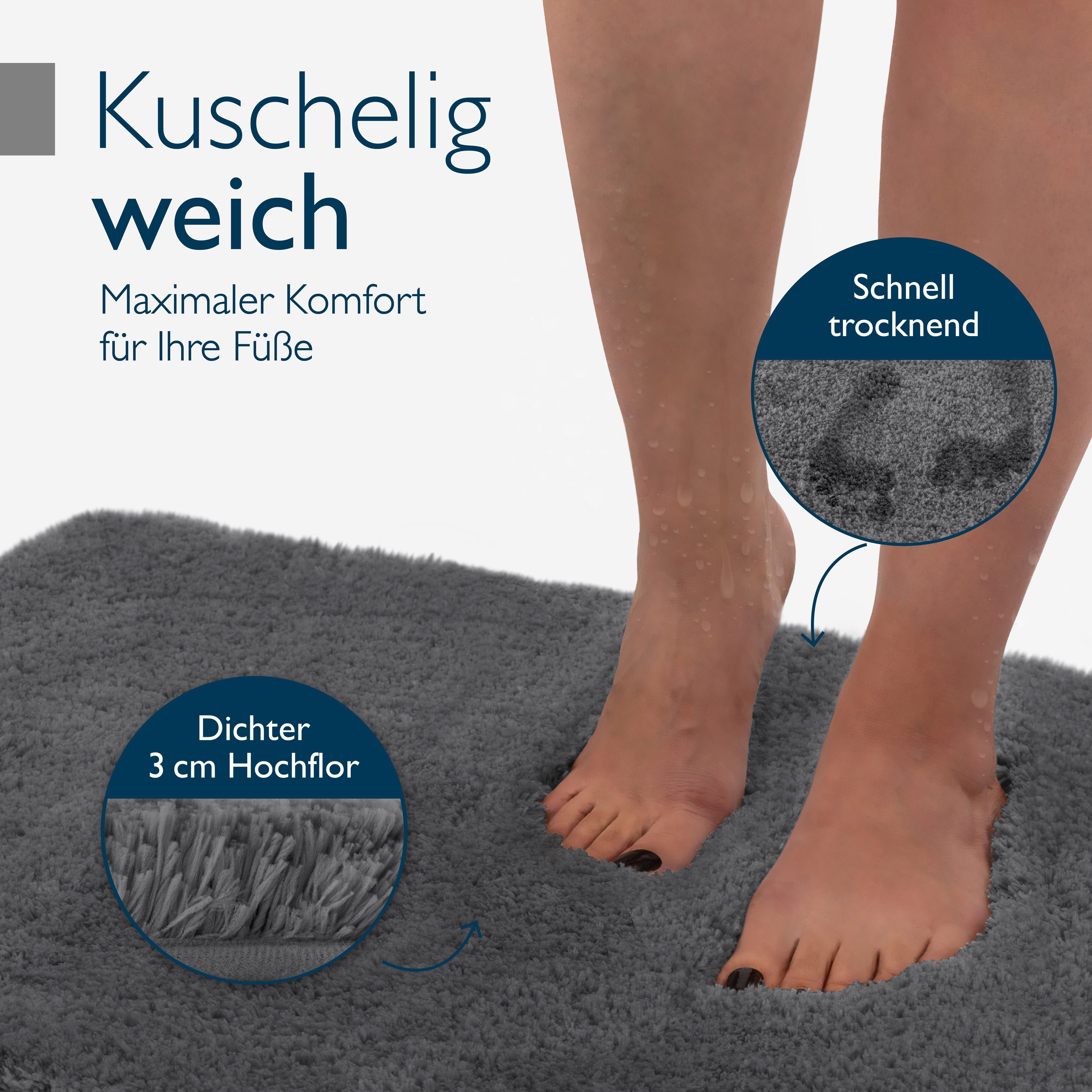 Beautissu Badematte Badematte rutschfest BeauMare FL, 120x70cm, Anthrazit, Höhe 30 mm, Polyester, 120x70 cm Duschvorleger Hochflor Badteppich rutschfest Waschbar Shaggy