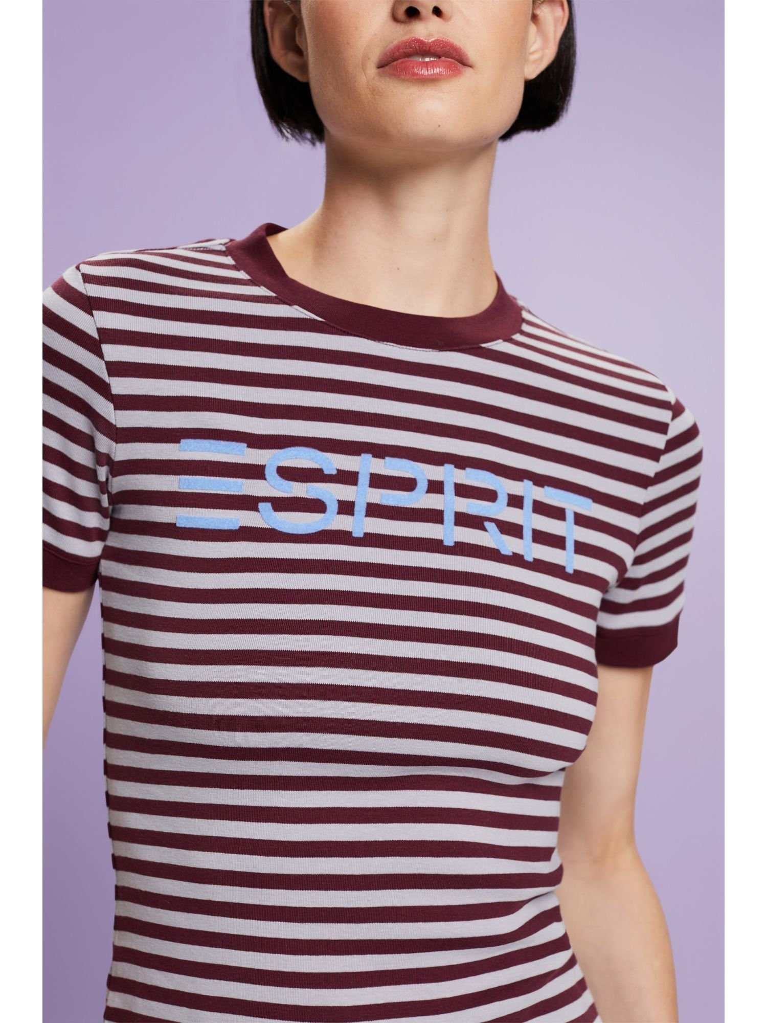 (1-tlg) T-Shirt mit Esprit Baumwoll-T-Shirt BORDEAUX RED Gestreiftes Logo-Print