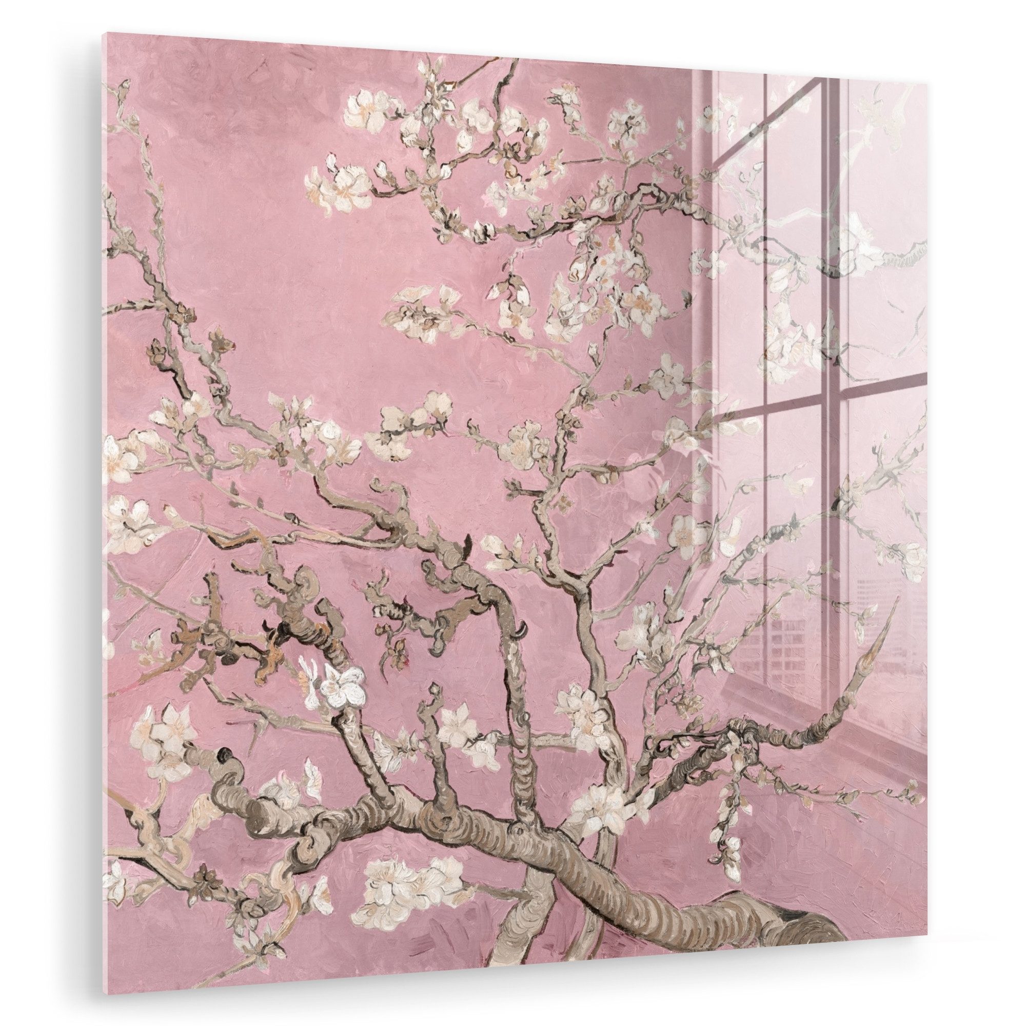 MuchoWow Acrylglasbild Mandelblüte - Kunst - Van Gogh - Rosa, Inkl. Aufhängung, Bilder auf Glas Wandbild, Wanddeko Wohnzimmer Badezimmer, 20x20 cm