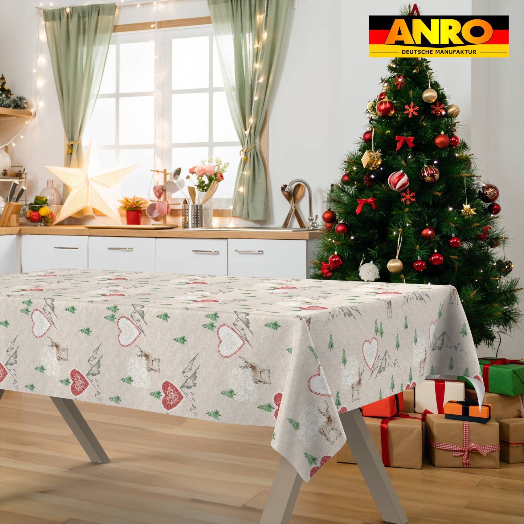 ANRO Tischdecke pflegeleicht Weihnachten Tischtuch Christmas Renntier Herz Tischwäsche (Einzelstück 1-tlg), Schutz-Beschichtung wasserabweisend Rot 100x140cm