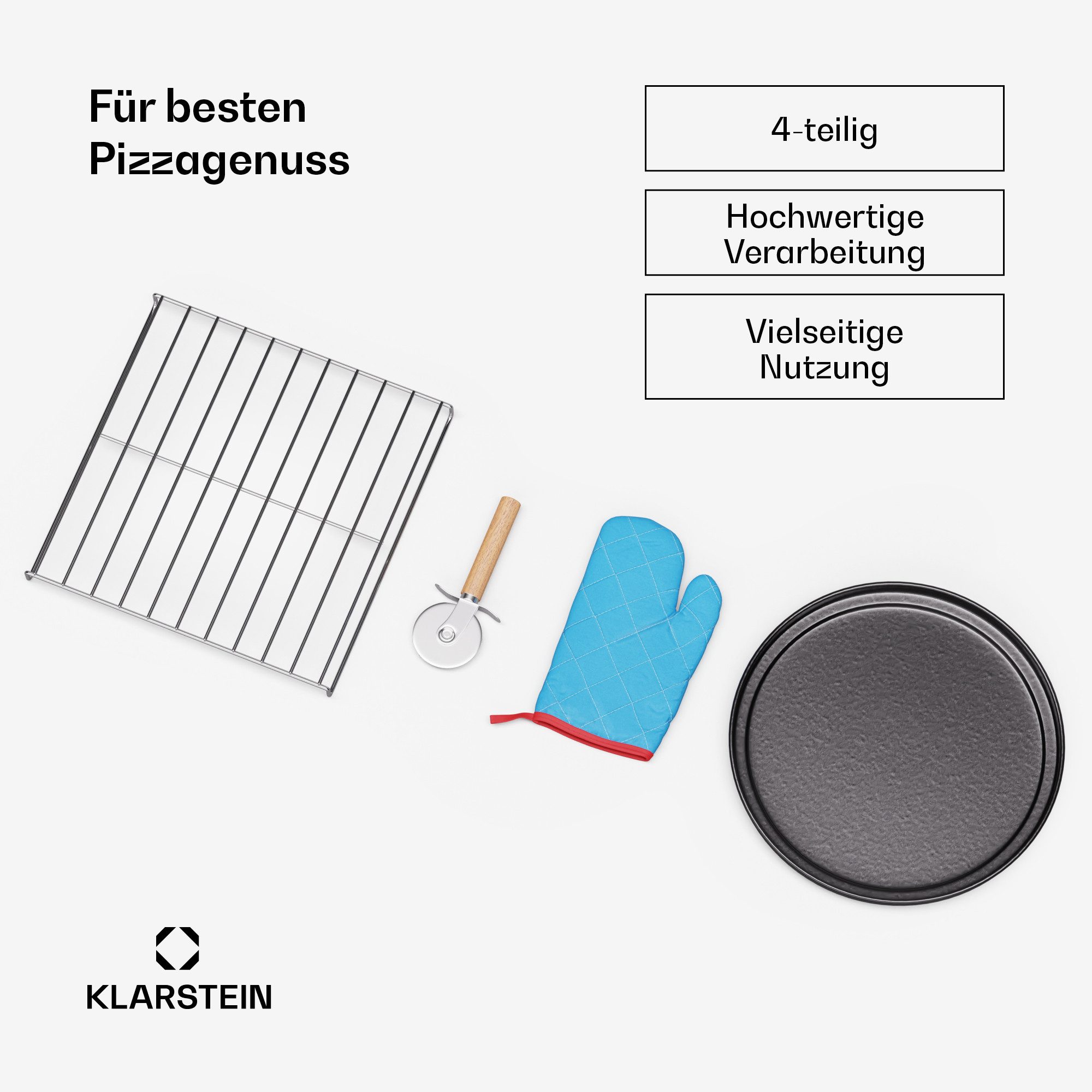 Klarstein Pizzaofen-Grillaufsatz PizzaForno Zubehörset 4-teilig, Edelstahl, (Set 4 Teilig), Pizza zubehor Cutter Pizzapfanne Handschutz Pizzaständer
