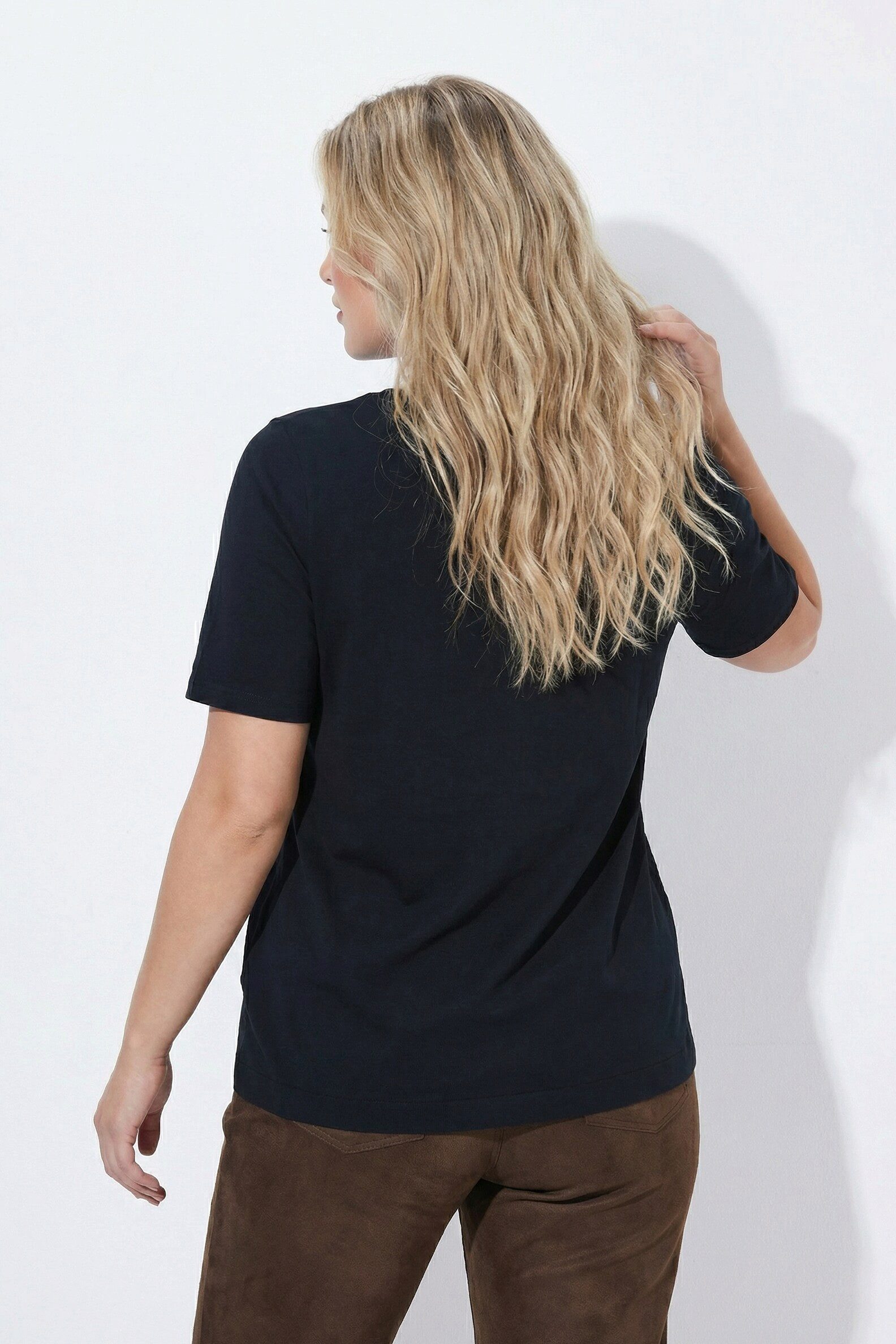 Ulla Popken T-Shirt T-Shirt Mops Classic V-Ausschnitt Halbarm Saumband