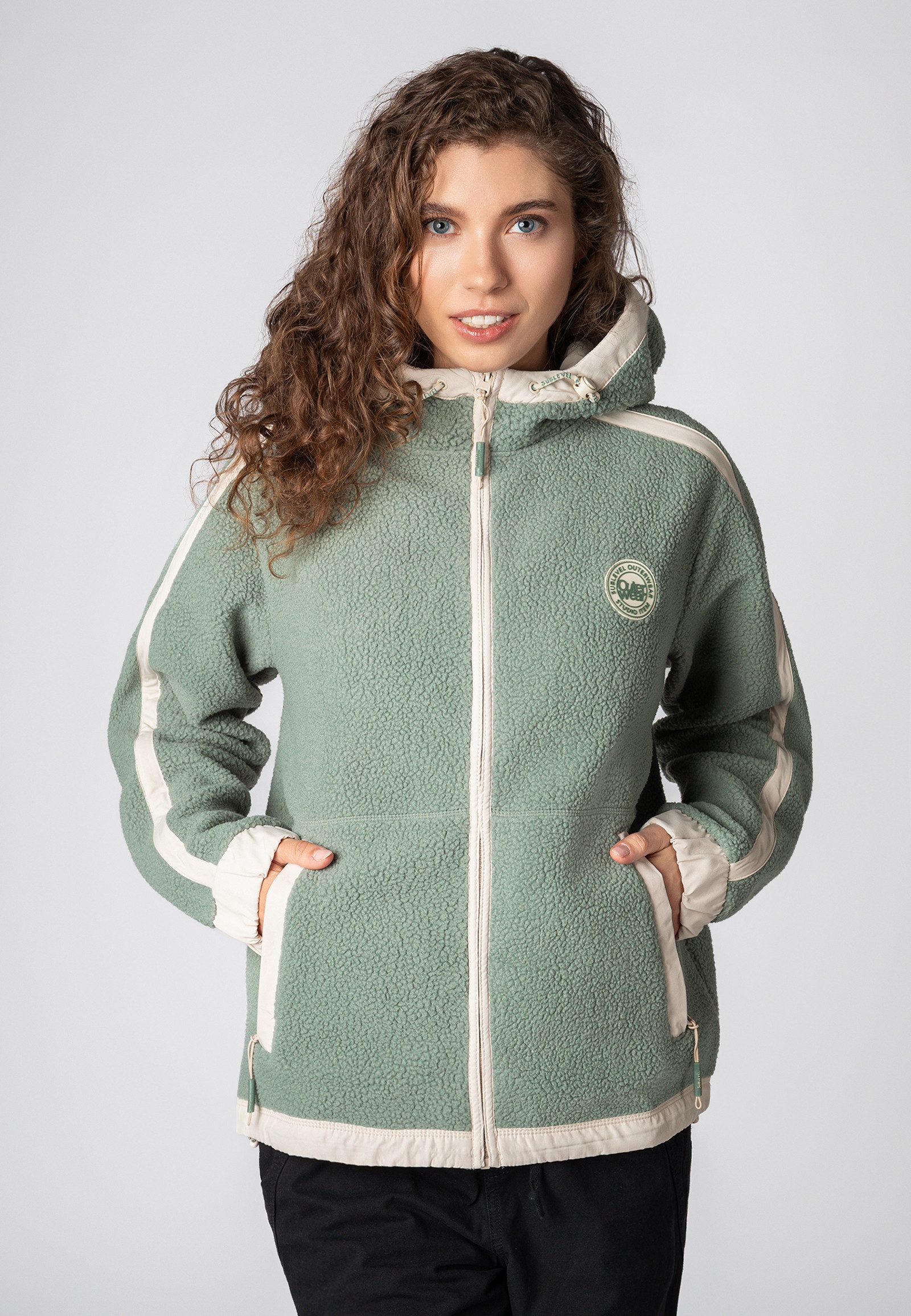 SUBLEVEL Fleecejacke Damen Teddyfleecejacke mit Kontraststreifen und Ka Outdoorjacke Kuscheljacke