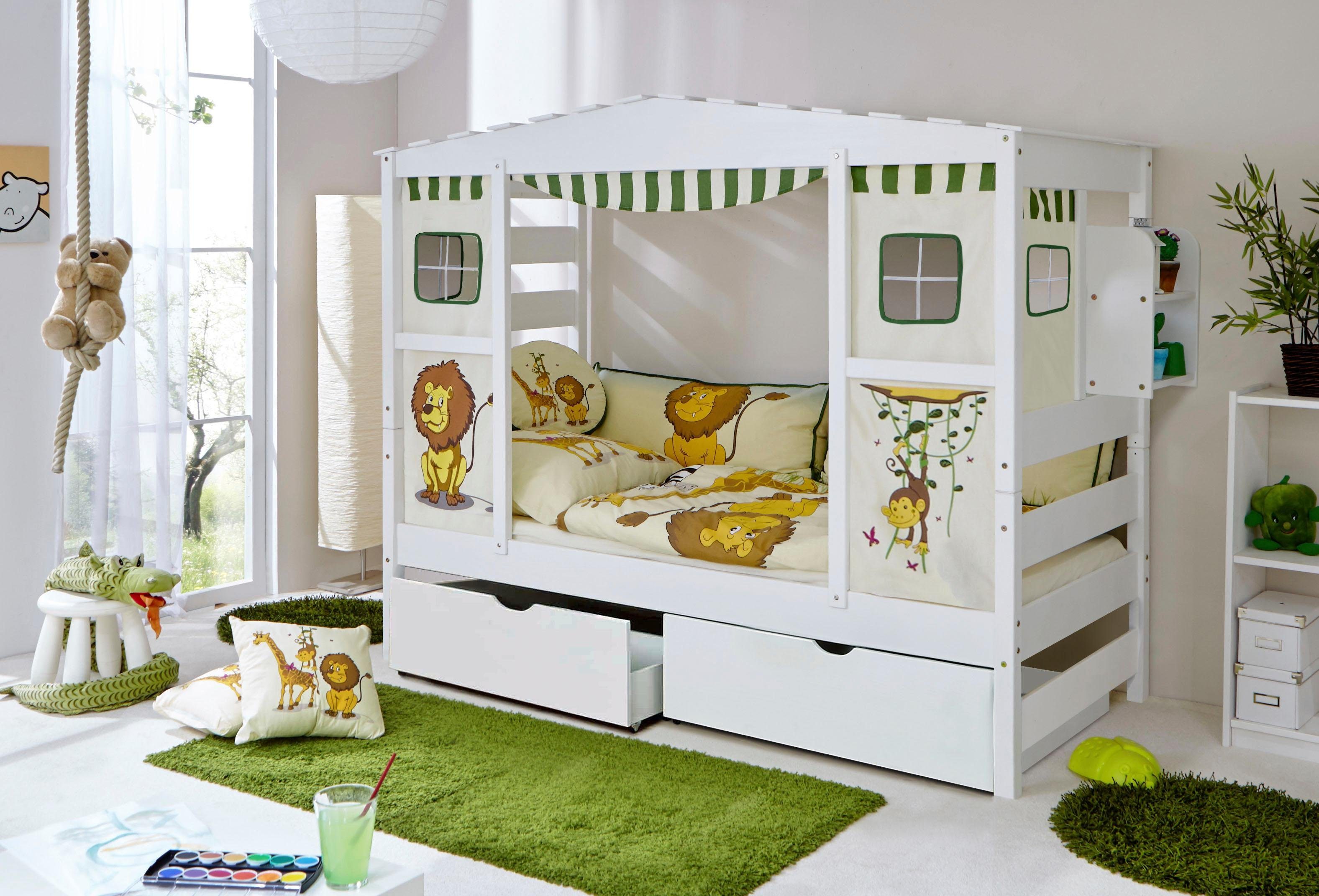 Kiefer Hausbett »Safari« Kinderbett Ticaa massiv gewachst-Textil-Set weiß Lio,