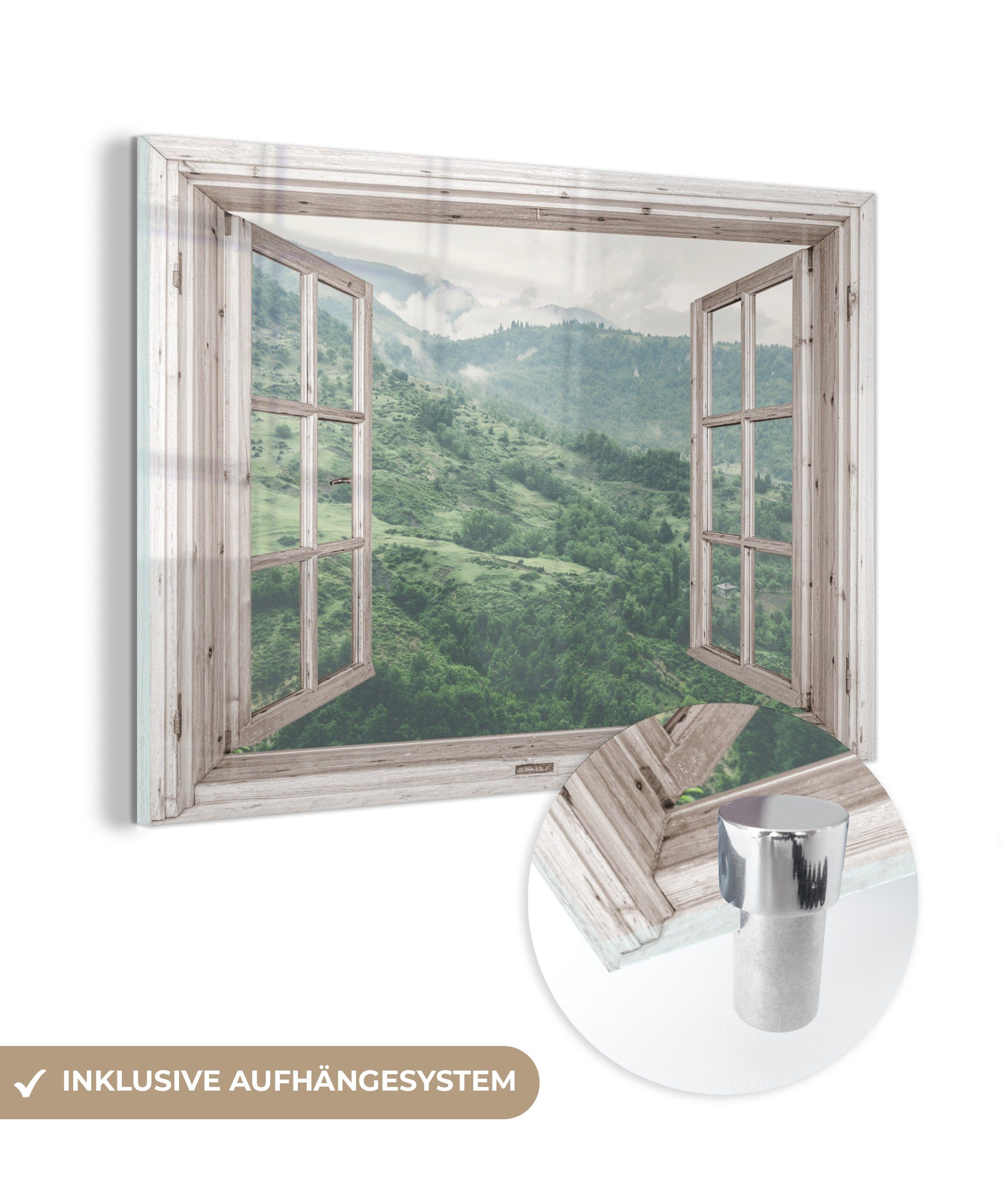 MuchoWow Acrylglasbild Aussicht - Berg - Holz, (1 St), Glasbilder - Bilder auf Glas Wandbild - Foto auf Glas - Wanddekoration