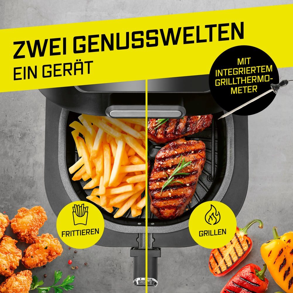 GOURMETmaxx Heißluftfritteuse Heißluftfritteuse FryBBQ, 5 l - 2 in 1: Heißluftfritteuse und Grill - mit 5 Modi, 2000 W, 7-Zoll-LED Displays, 5 Funktionen, 2000 W, 360°-Heißluftzirkulation