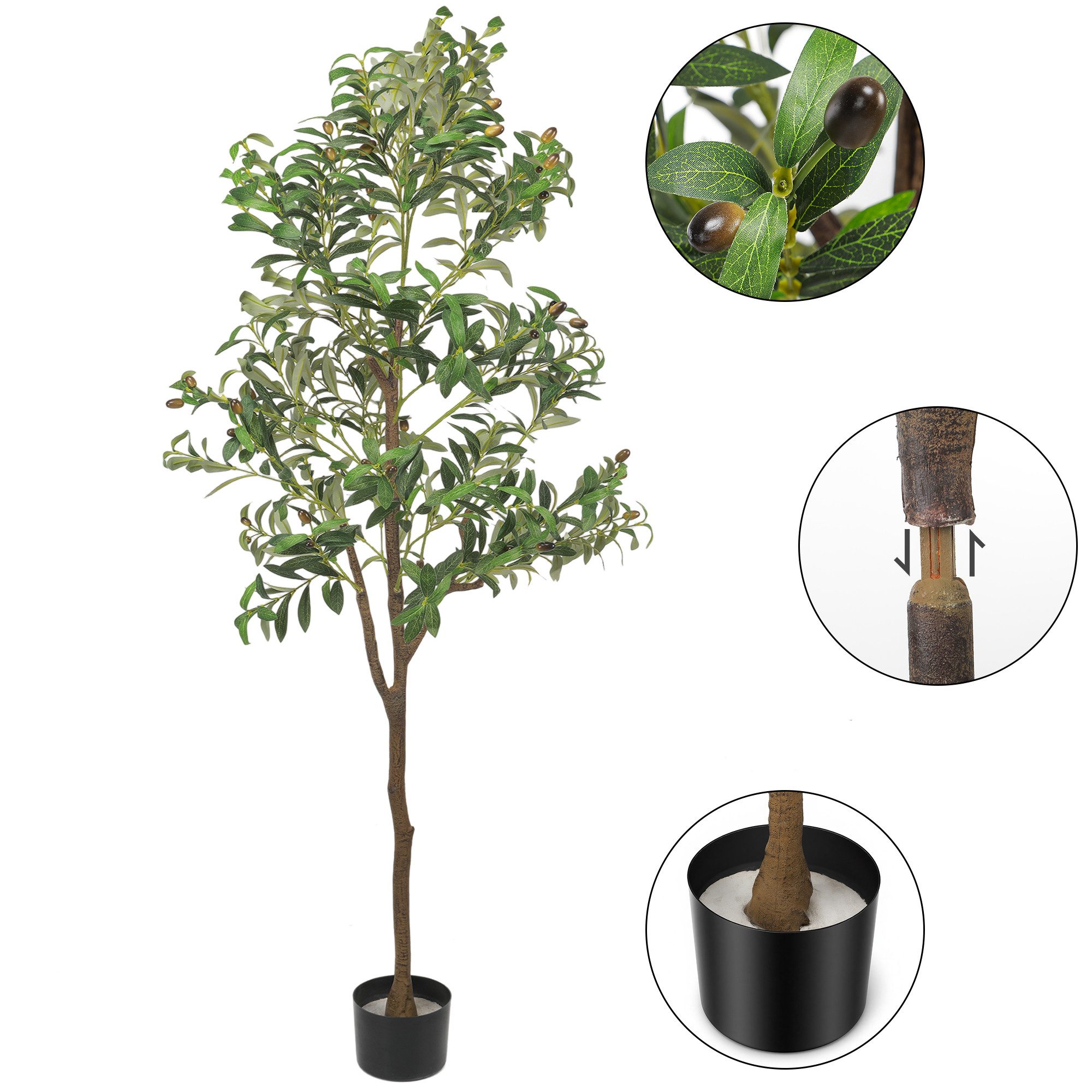 Kunstbaum Künstlicher Olivenbaum 180 cm mit Naturstamm & Früchten Künstlicher Olivenbaum, kehot, Höhe 180 cm, Pflegefreie Kunstpflanze mit Stabilem Zementtopf für Innenräume