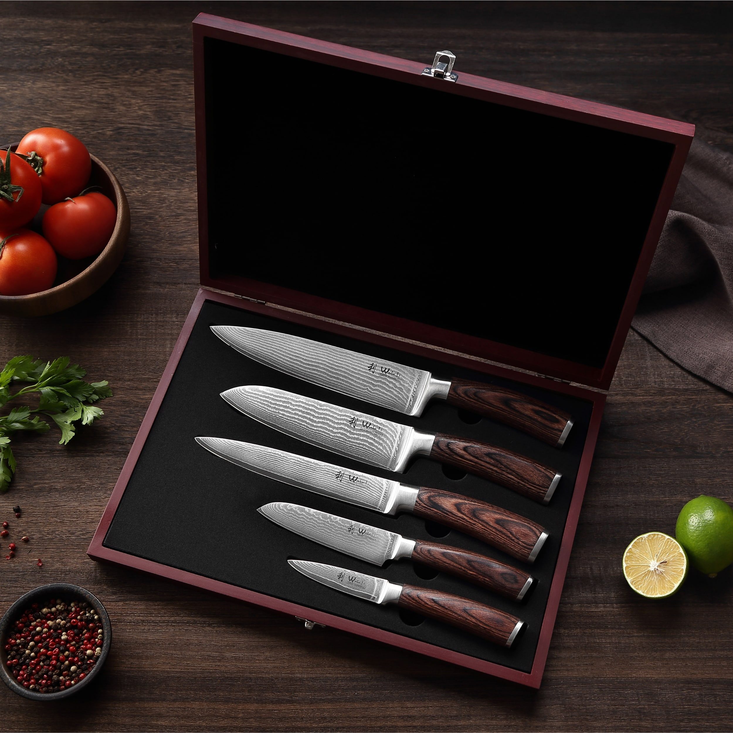 Wakoli Messer-Set Edib 5er Damastmesserset I Kochmesser Küchenmesser I 8 - 20cm Klingen (Damastmesser mit Geschenkbox, 5-tlg., 5er Damastmesser mit Holzbox), Aus 67 Lagen Damaststahl, VG10 Kern, Pakkaholzgriff, inkl. Holzbox