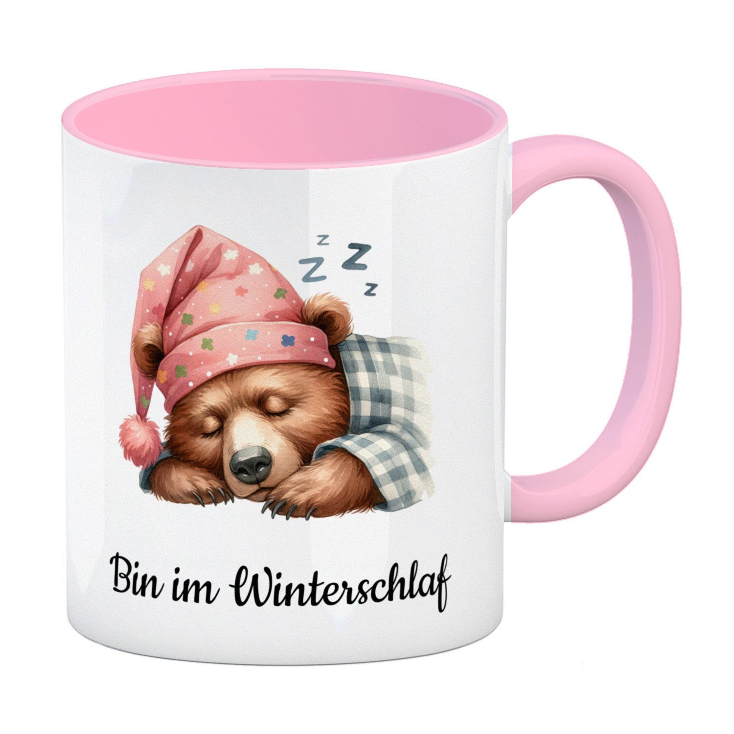 Tasse Braunbär Kaffeebecher in rosa und Spruch Bin im Winterschlaf