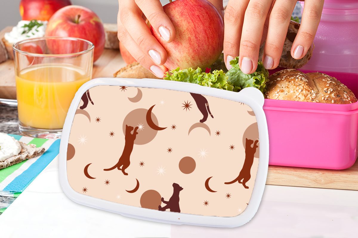 Brotbox - Katze Mädchen, Kinder, - für Pastell - Mädchen Muster Brotdose Kinder, Snackbox, Kinder Kunststoff Lunchbox - Erwachsene, - (2-tlg), rosa Kunststoff, Mond MuchoWow -