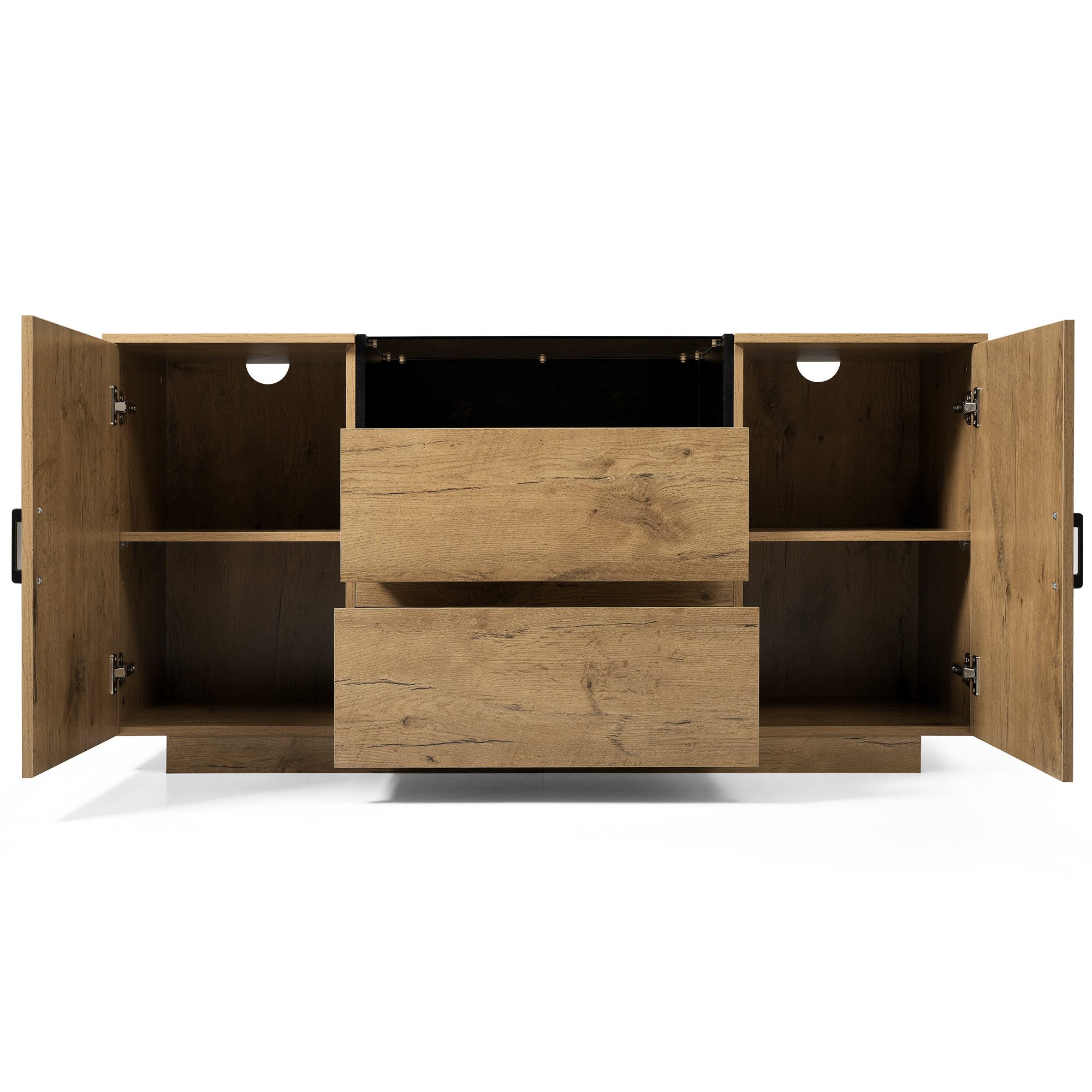 Flieks Kommode Mehrzweckschrank mit Schubladen und verstellbaren Einlegeböden (H70/B140/T40 cm, 1 St), Sideboard mit Glas-Arbeitsplatte Eichenoptik Holzschrank  – Bild 4 von 5
