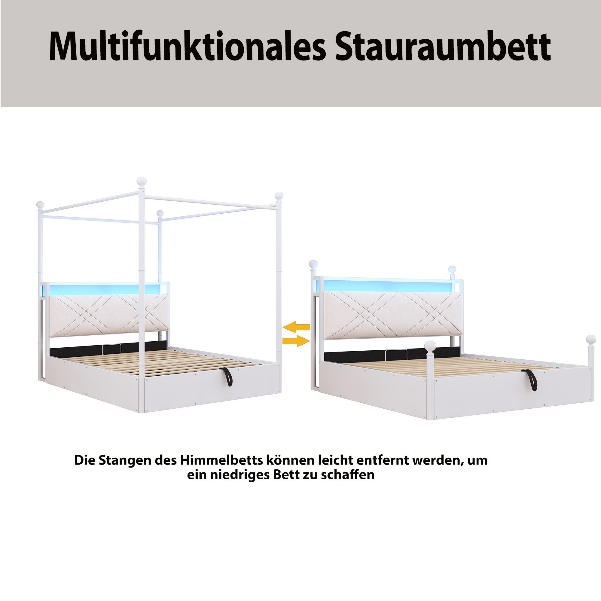 Celya Himmelbett Multifunktionales Doppelbett Jugendbett (ohne Matratze, mit abnehmbaren Bettpfosten mit LED, USB undType-C, mit Stauraum), ideal für moderne Schlafzimmer, Jugendzimmer oder kompakte Wohnungen