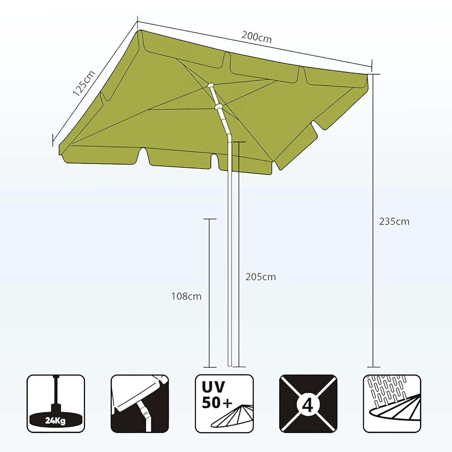 Sekey Sonnenschirm 200 x 125 cm Balkonschirm Rechteckig Sonnenschirm mit Schutzhülle, LxB: 200x125 cm, Abknickbar, Sonnenschutz UV50+, Marktschirm für Terrasse, Garten