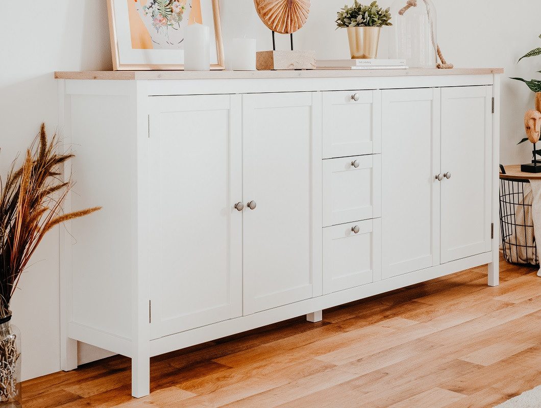 Finori Sideboard Kommode Sideboard Bergen 2, Landhausstil, weiß / Eiche Artisan