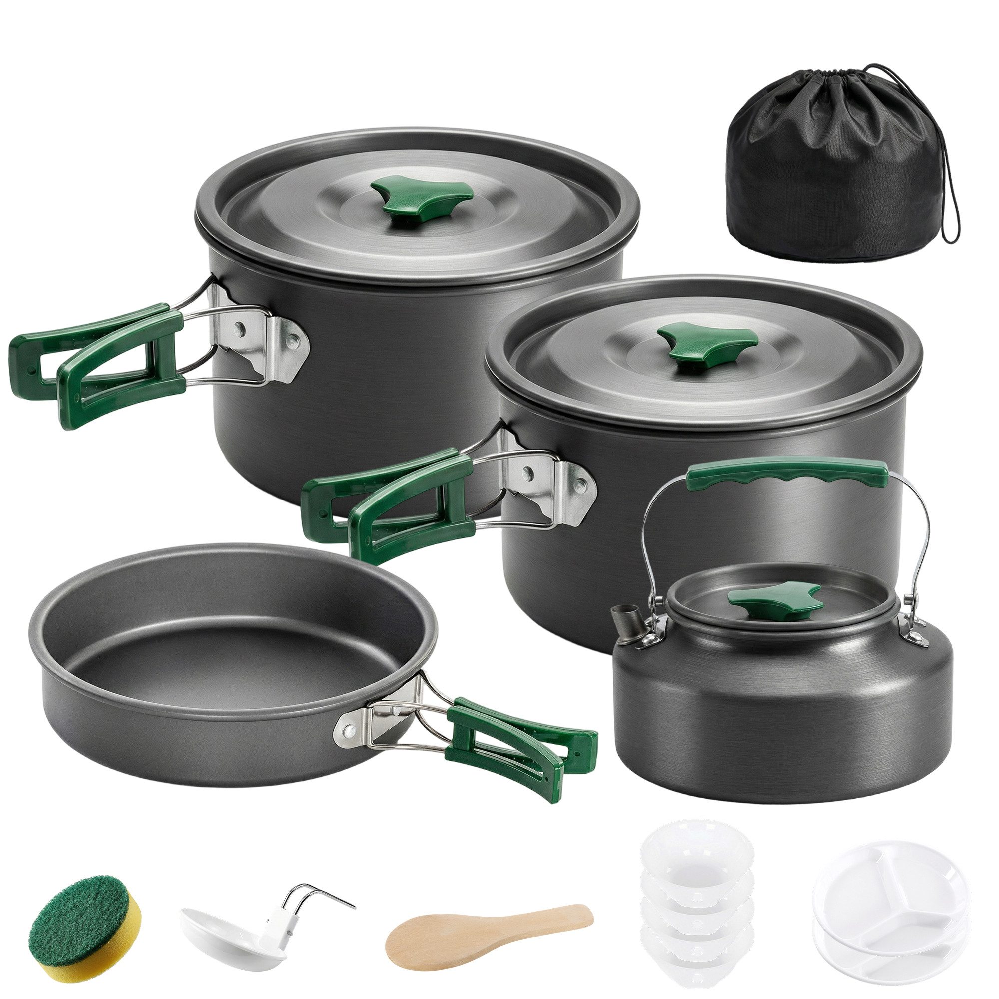 Outsunny Geschirr-Set Camping Outdoor Kochgeschirr Set 5-teilig mit Topf und Pfanne (15-tlg), 5 Personen, Aluminium, Edelstahl, für Outdoor Wandern Picknick BBQ Grau