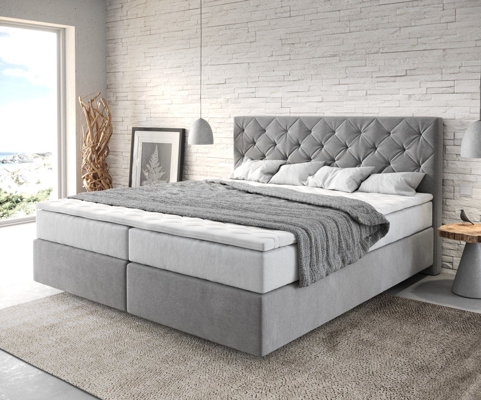 DELIFE Boxspringbett Dream-Great, Mikrofaser Grau 180x200 cm mit TFK Matratze und Visco Topper