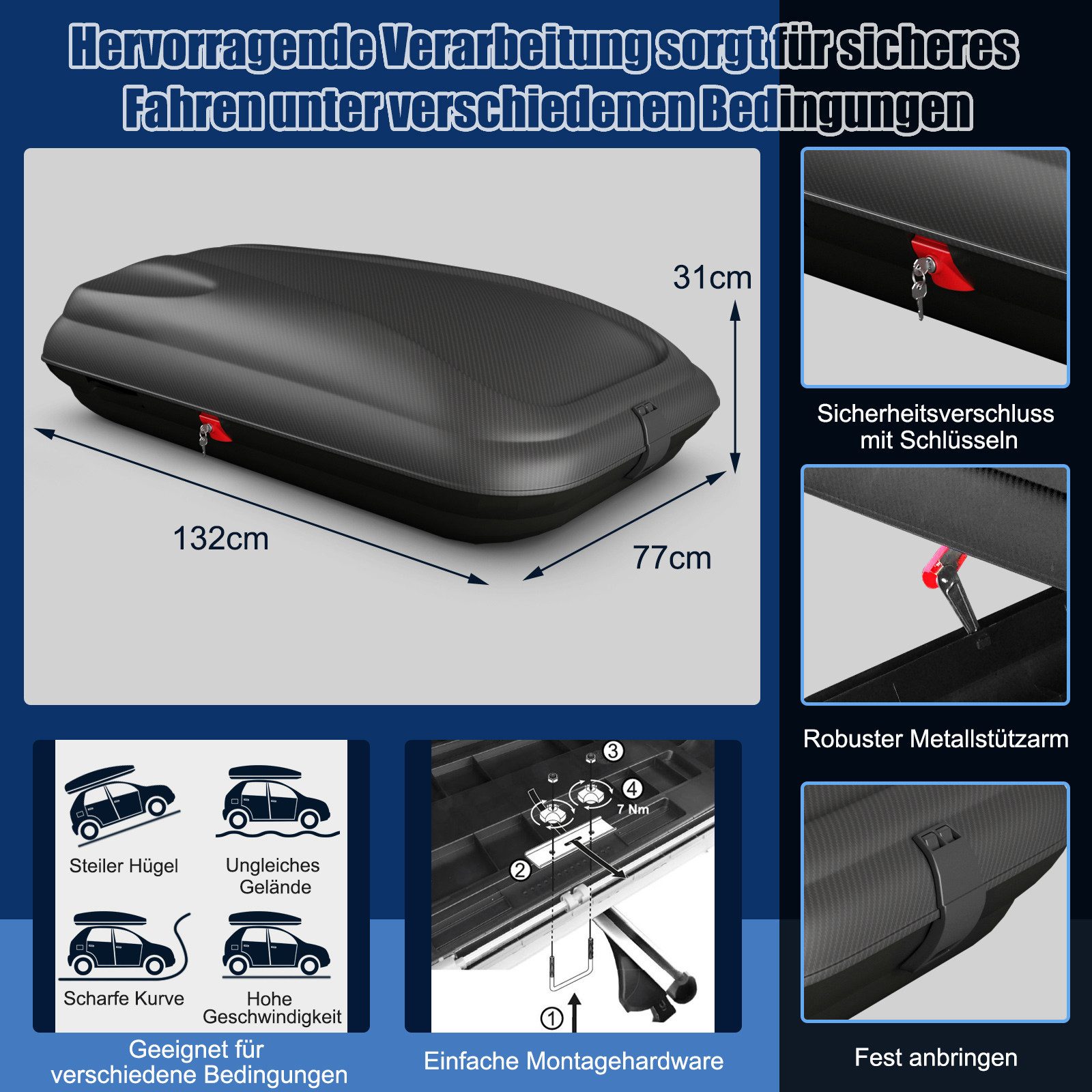 COSTWAY Dachbox, 250L, mit Zentralverriegelung & Gurten, 132x77x31cm