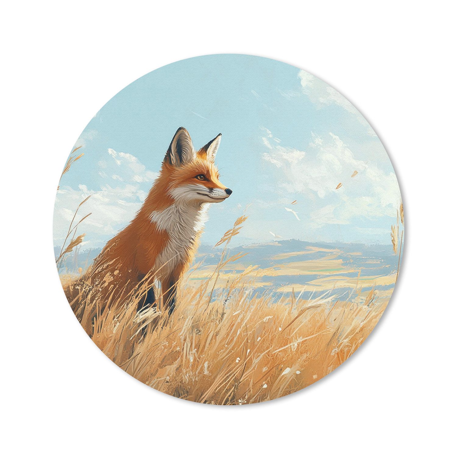 MuchoWow Mauspad Fuchs - Gras - Wolken - Orange (1-St), Mousepad mit Rutschfester Unterseite, Gaming, Rund, 40x40 cm