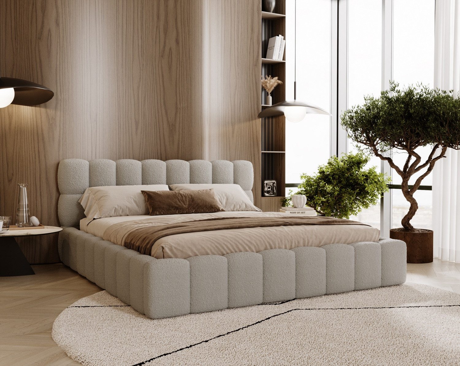 Labett Polsterbett ALMA Bubble Bouclé-Stoff 120x200 140x200 160x200 180x200 200x200cm (Kopfteil im Oversize-Look und Stauraum), hochwertiger Bouclé-Stoff in Creme, Beige, Braun und Schwarz