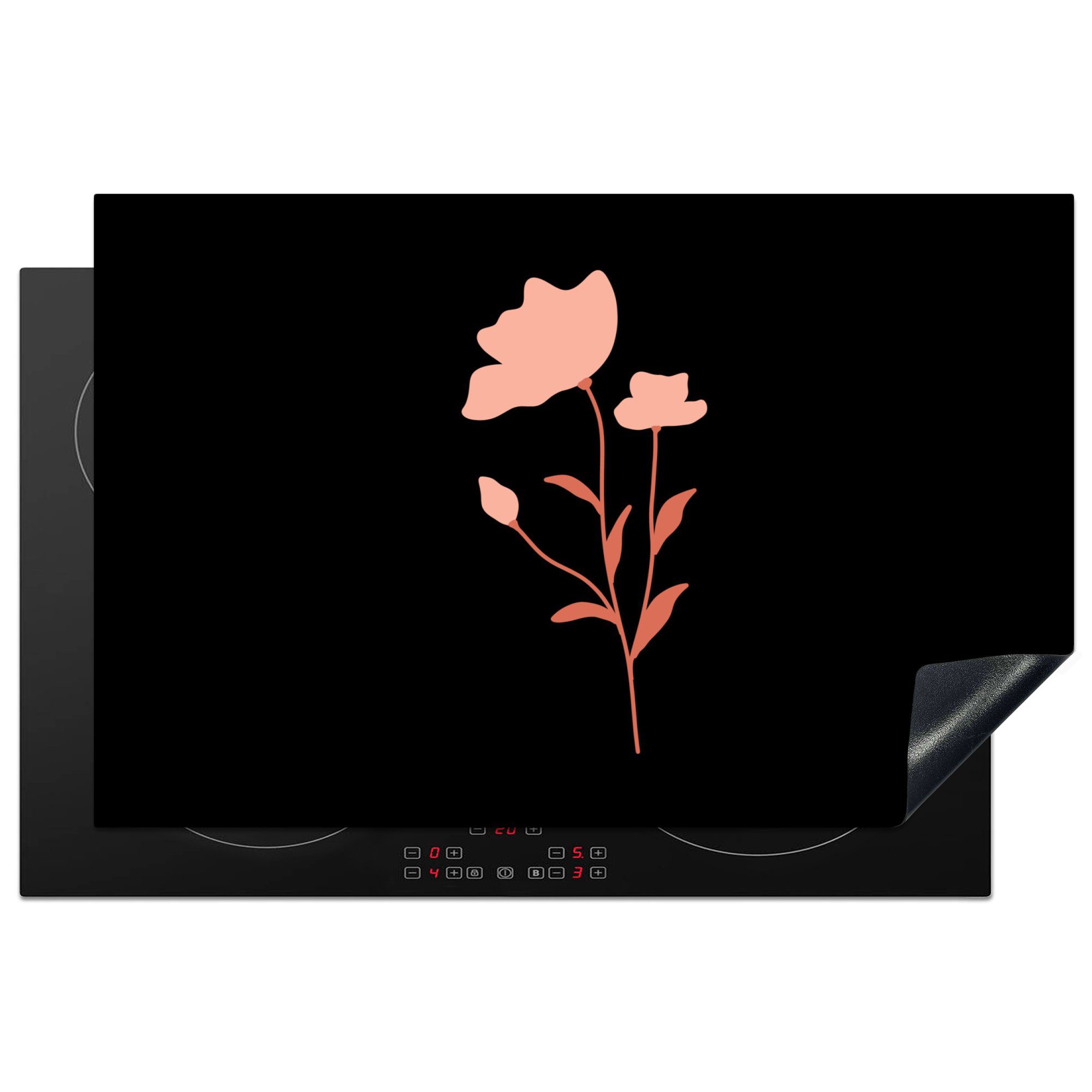 MuchoWow Herdblende-/Abdeckplatte Illustration einer rosa Blume vor schwarzem Hintergrund, Vinyl, (1 tlg), 81x52 cm, Induktionskochfeld Schutz für die küche, Ceranfeldabdeckung