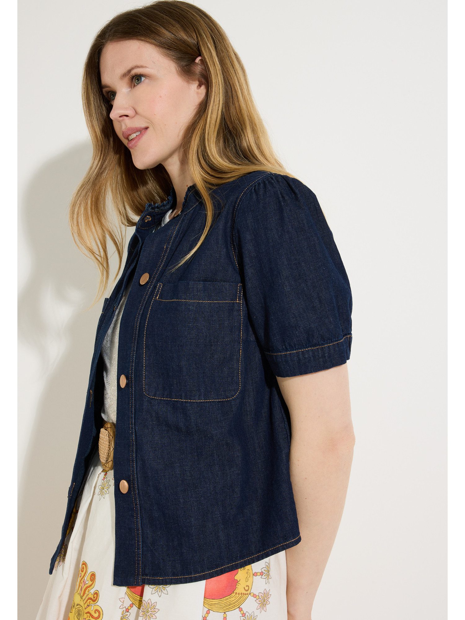 MORE&MORE Kurzarmbluse feminine, dark denim Kurzarm-Jeansbluse