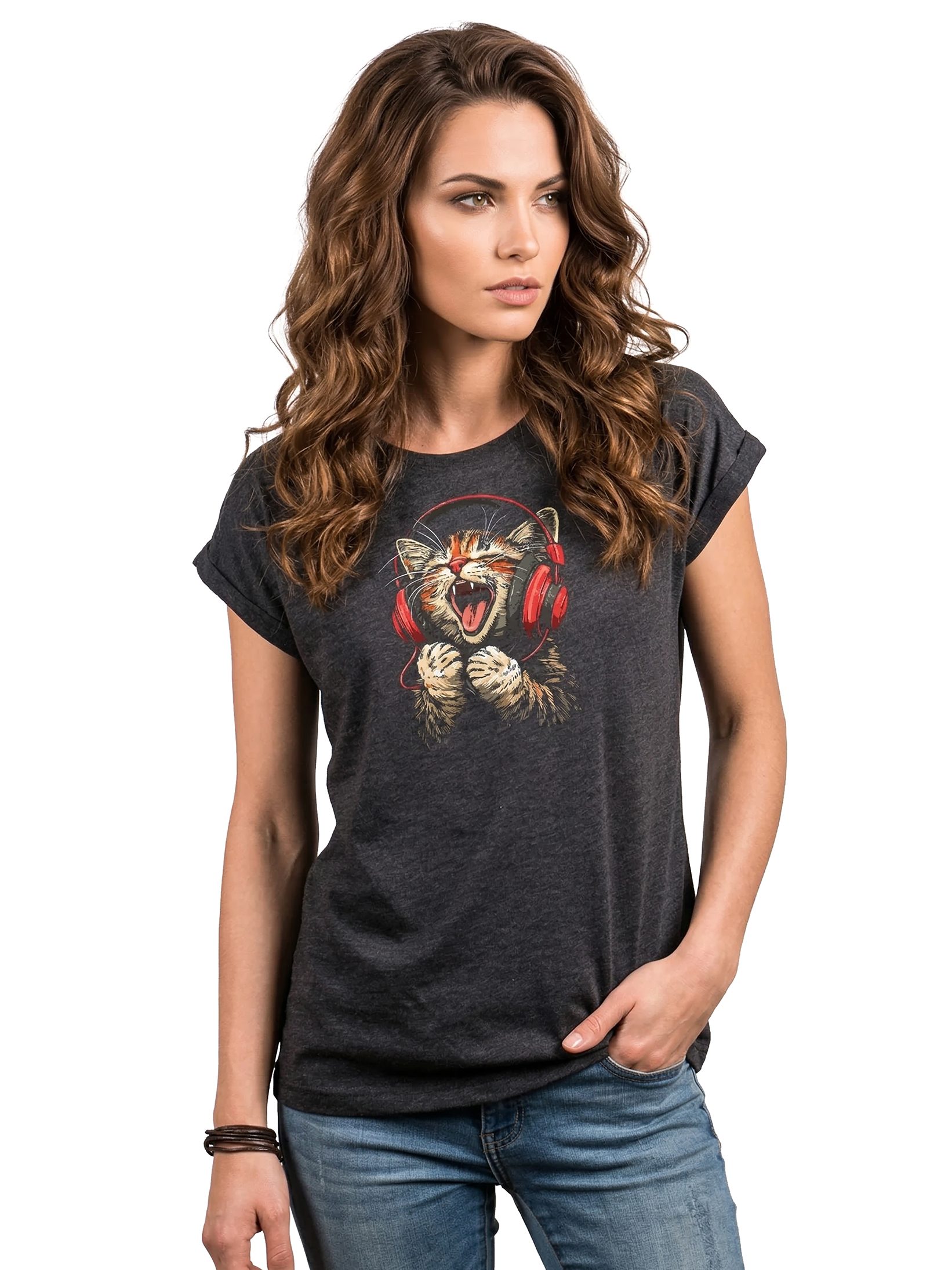 MAKAYA T-Shirt Lustiges Katzenshirt für Damen – Musik Katze mit Kopfhörern (Schwarz, Blau, Dunkelgrau, 34, 36, 38, 40, 42, 44, 46, 48, 50) Baumwolle