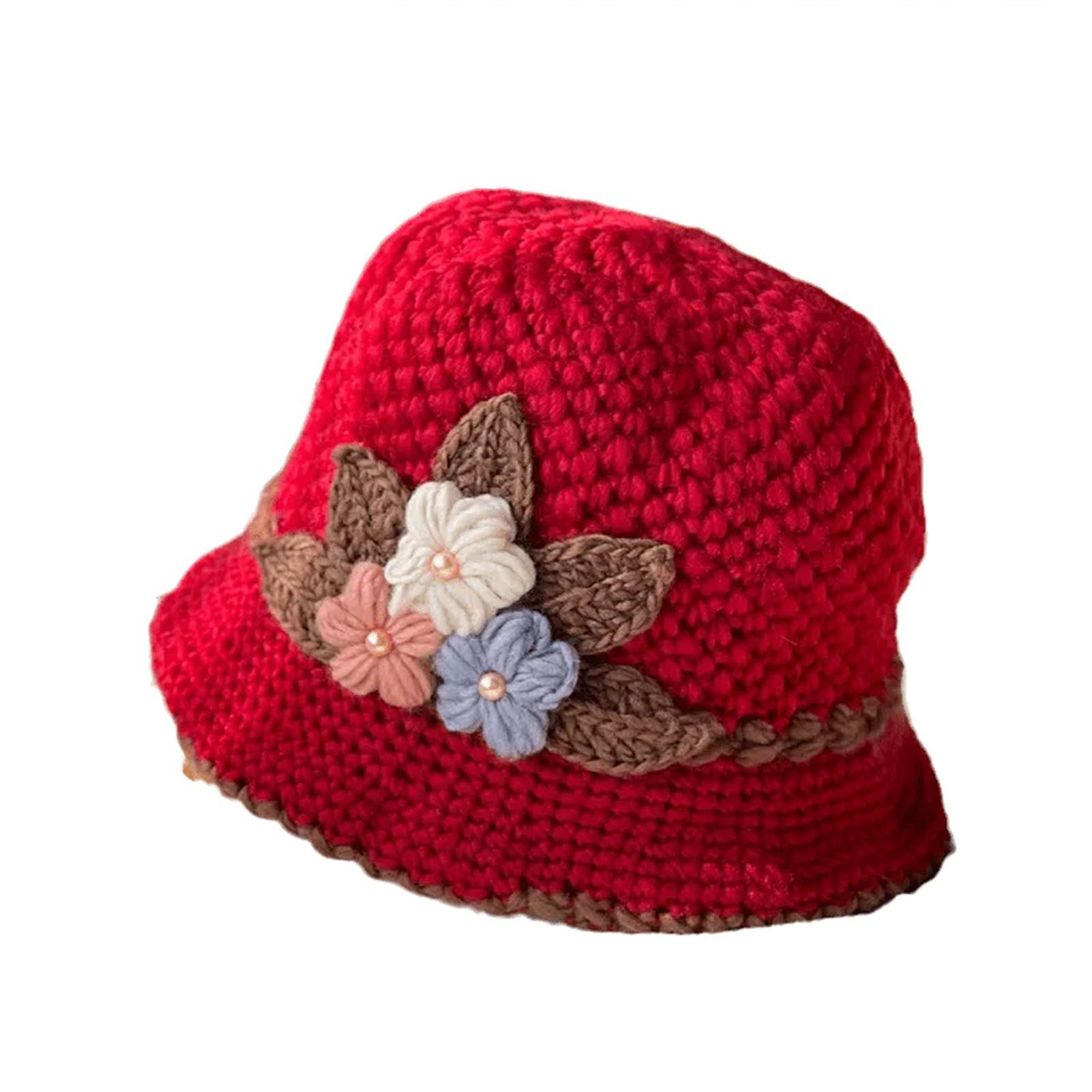 Blusmart Strickmütze Gestrickte Wollmütze Mit Vintage-Blumen, Weich, Kältebeständig Rot