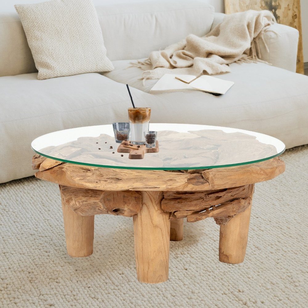 LebensWohnArt Couchtisch Teakwurzel Couchtisch BOSCO 80cm Natural Massivholz Glasplatte