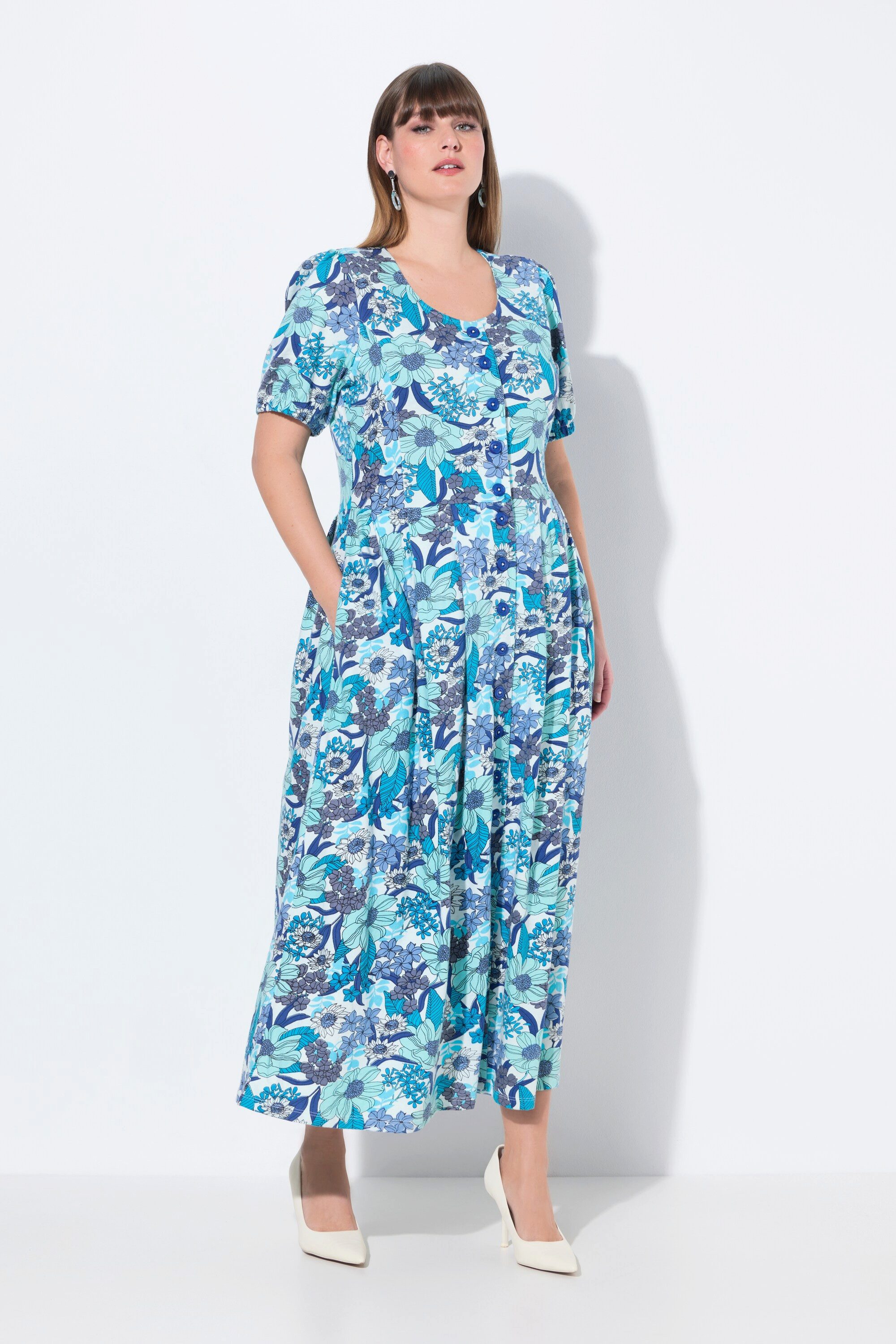 Ulla Popken Dirndl Jersey-Maxikleid Blüten Rundhals Halbarm