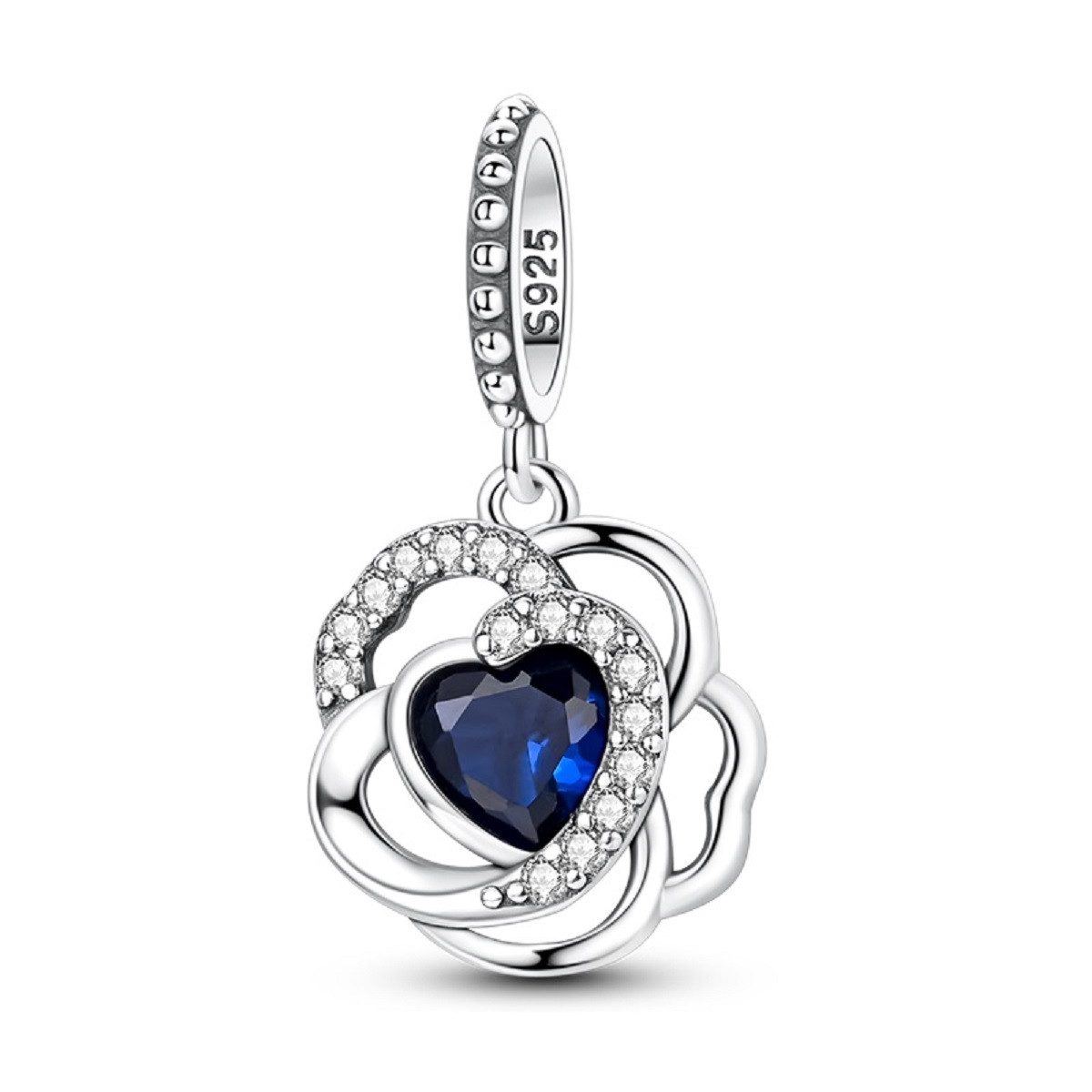 PANDACHARMS Bead Glitzernde Blaue Herzblume Charm Anhänger, 925er Silber