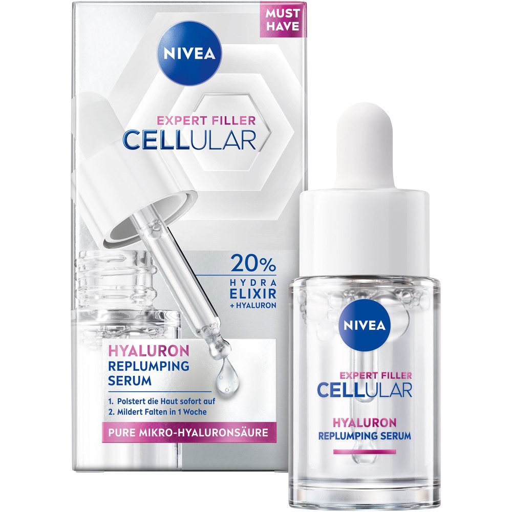 Nivea Gesichtsserum Instant Serum+ Expert Filler Hyaluron Replumping Serum + Tagespflege, 3-tlg., LUMINOUS630® Skin Glow