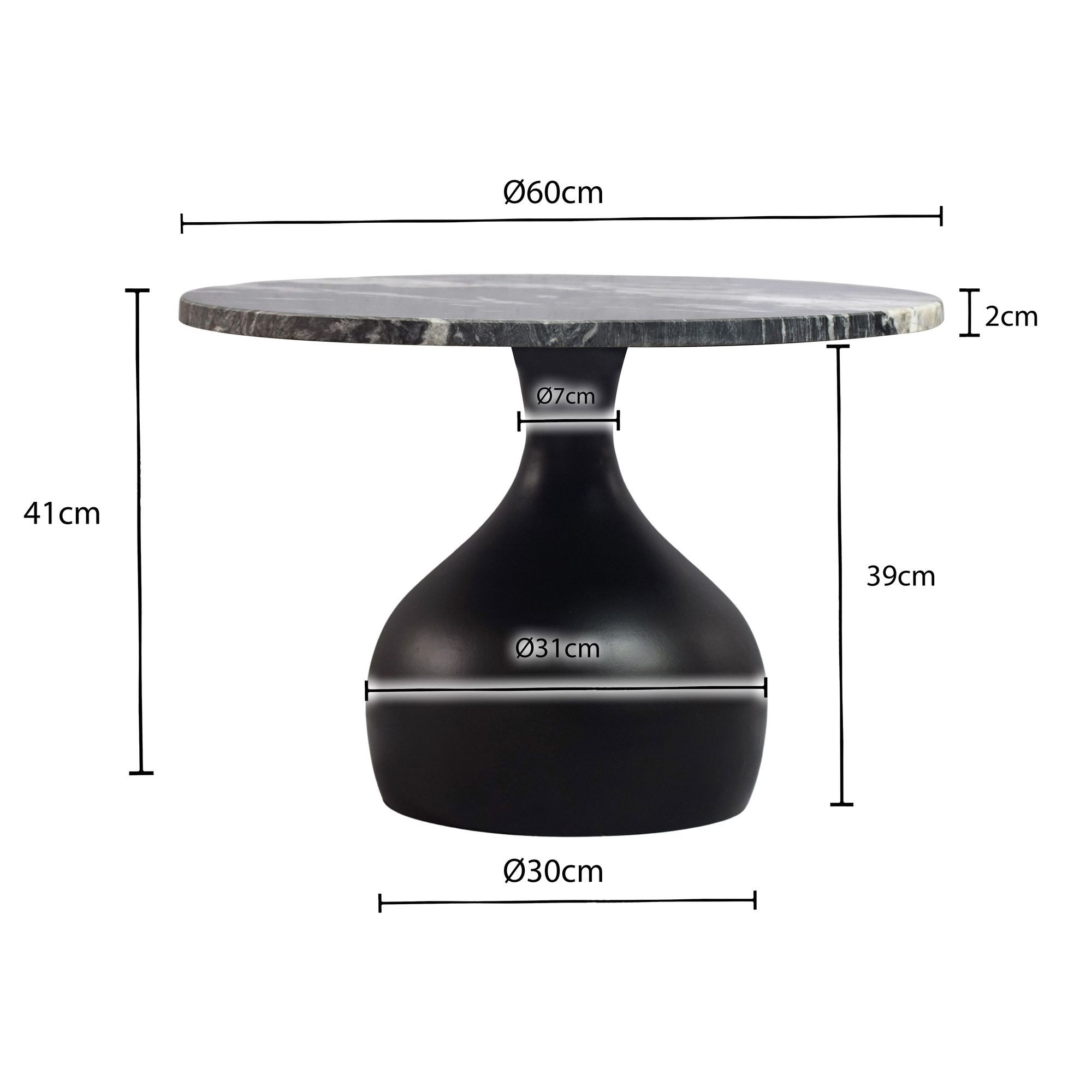 FINEBUY Couchtisch FB116315 Sofatisch Marmor Wohnzimmertisch 60cm rund Tisch Handmade (Edles Möbelstück mit massiver Gesteinsplatte), Bauchiges Metallgestell als Blickfang