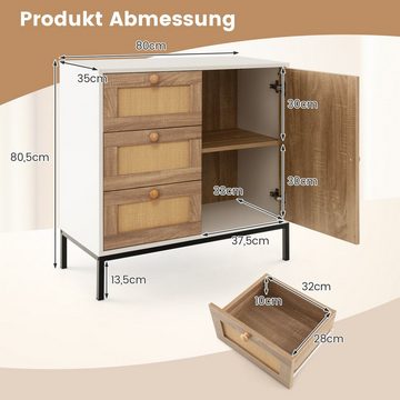 COSTWAY Sideboard, Küche, mit 3 Schubladen & Tür, Rattan, 80x35x80,5cm, weiß