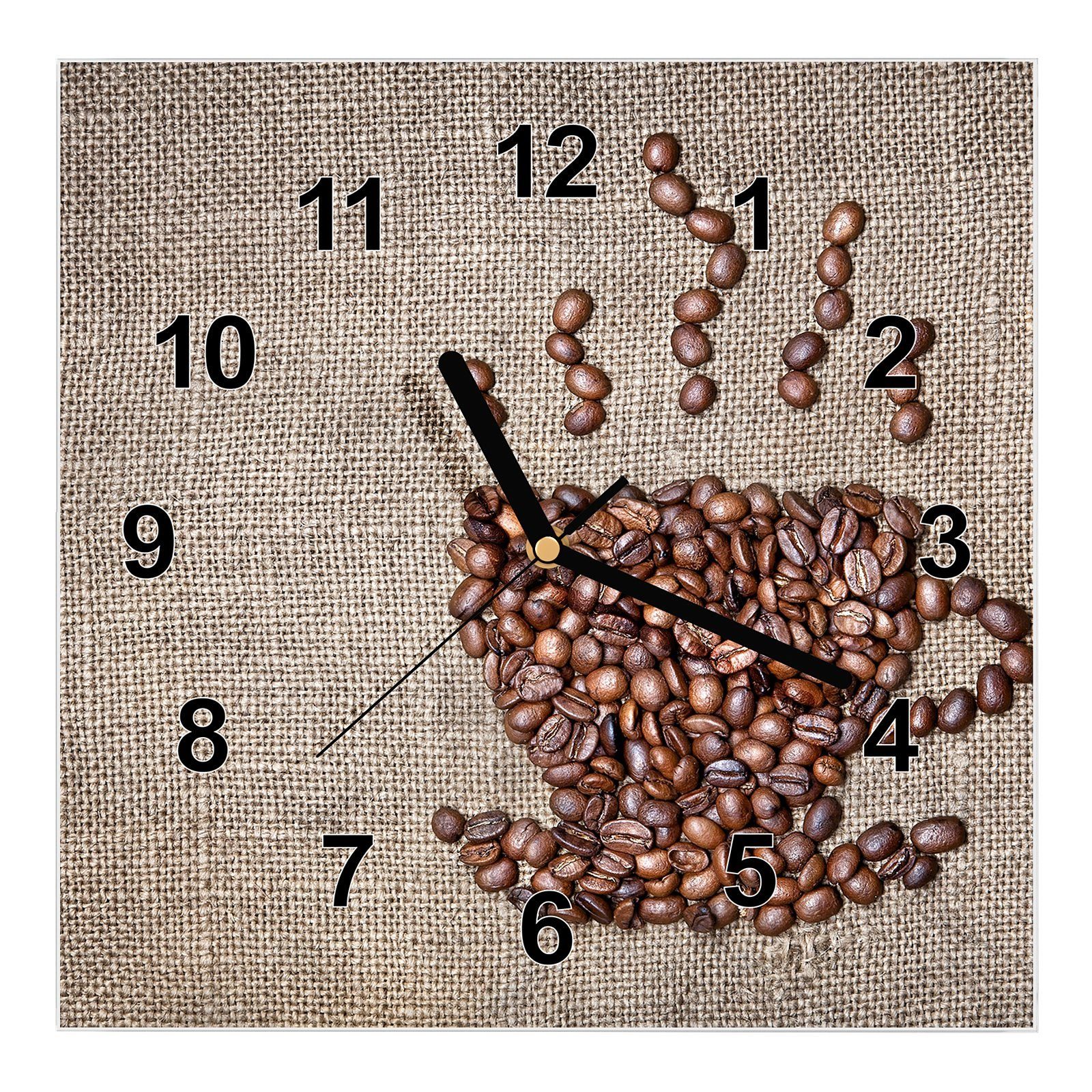 Primedeco Wanduhr Glasuhr Wanduhr Wandkunst Größe 30 x 30 cm mit Motiv Tasse Kaffee mit Dampf