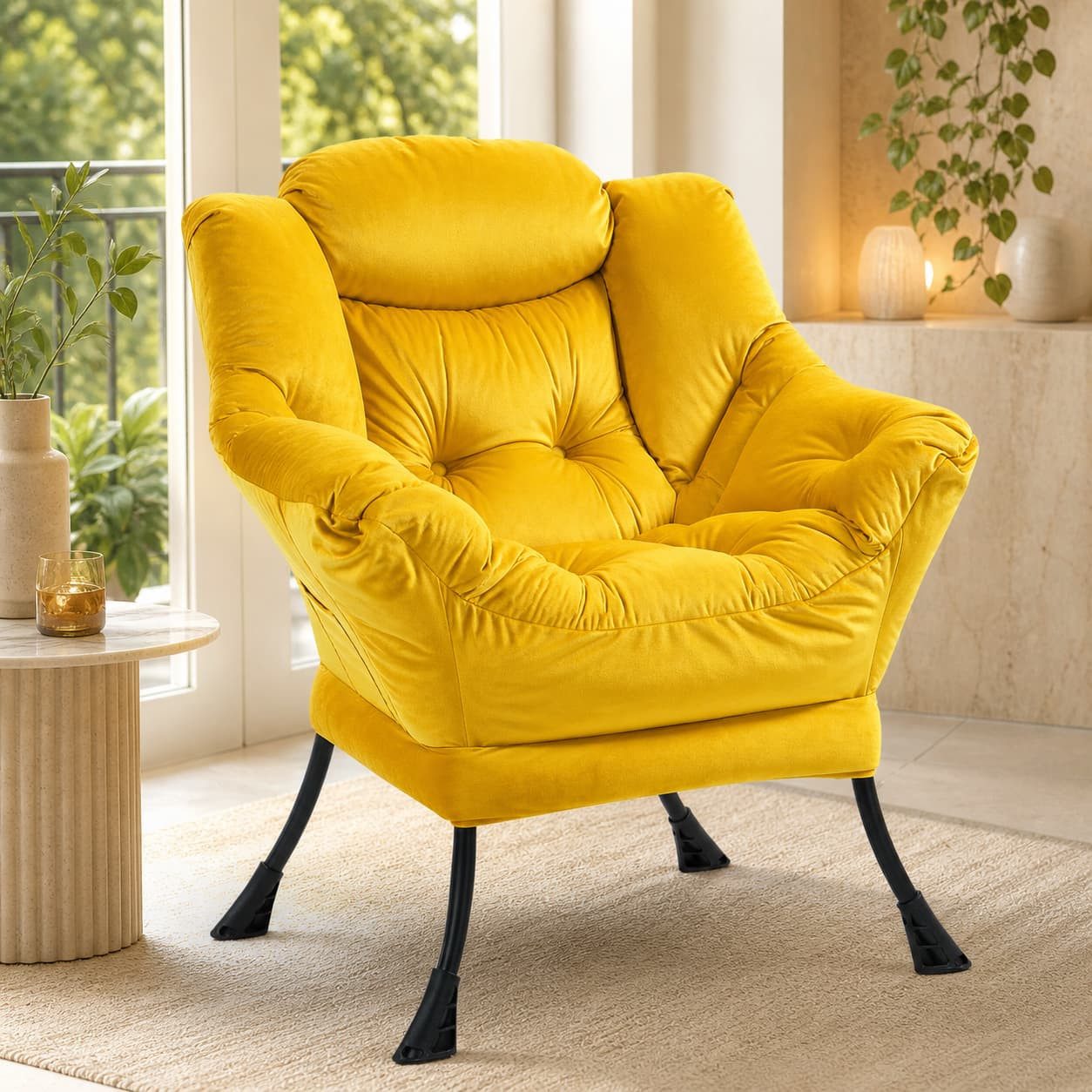 ANYSUN Loungesessel aus Samt mit Nackenstütze, weicher Polsterung & Seitentasche (Metallgestell mit Armlehnen & rutschfesten Füßen, einfache Montage), Kompakter Lesesessel für Wohn- & Schlafzimmer, wahlweise mit Fußhocker