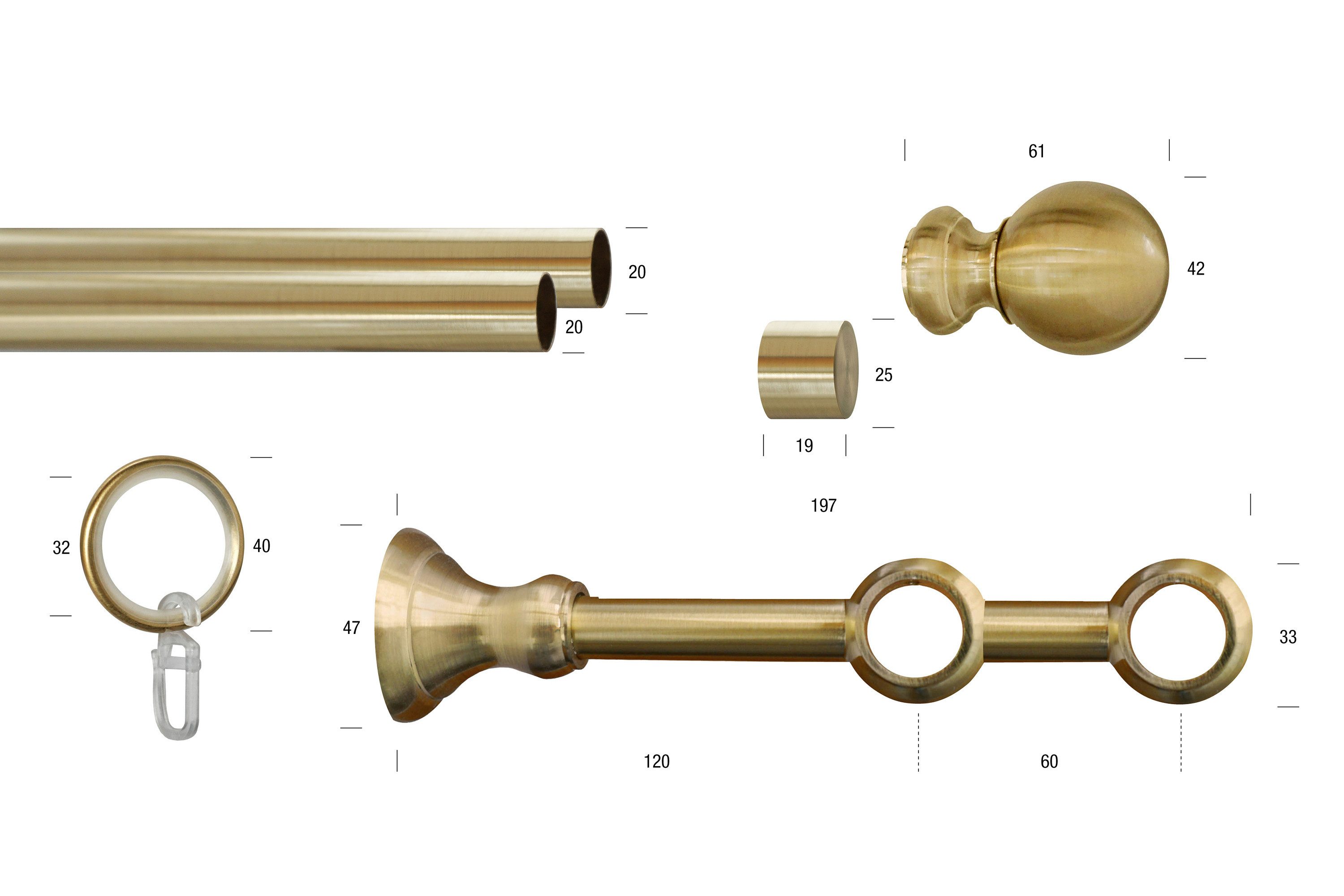 GARESA Gardinenstange ANDREA, Ø 20 mm, 2-läufig, Wunschmaßlänge, verschraubt, Metall, Vorhanggarnitur, verlängerbar, Endknopf Kugel lang, mit Ringen