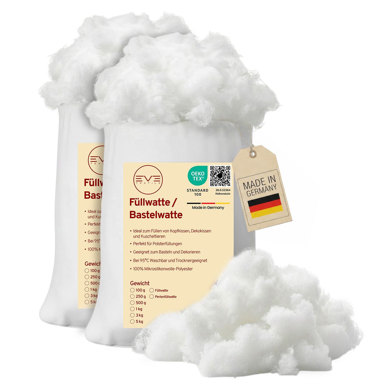 Eve Textile GmbH Kissenfüllung Füllwatte Weich Polyester Füllung Kissen Kuscheltiere DIY-Projekte, Perlenfüllwatte Formstabil Waschbar & Hypoallergen Trocknergeeignet
