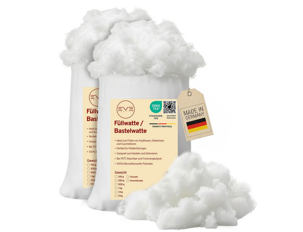 Eve Textile GmbH Kissenfüllung Füllwatte Weich Polyester Füllung Kissen Kuscheltiere DIY-Projekte, Perlenfüllwatte Formstabil Waschbar & Hypoallergen Trocknergeeignet