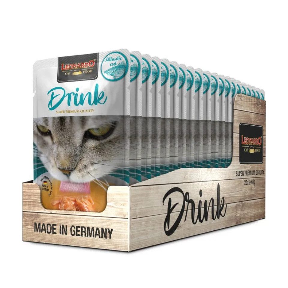 Leonardo Catfood Drink Atlantic Cod (Kabeljau) - fördert die Flüssigkeitsaufnahme 20x40g, Nassfutter für: Katzen