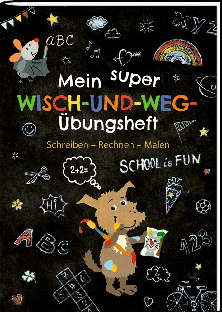 COPPENRATH DIE SPIEGELBURG Lernspielzeug Meine superschlaue kunterbunte Schulstart-Box – Lern- und Rätselset (Set, 9-St., 1), Wisch-und-weg-Materialien zum Üben