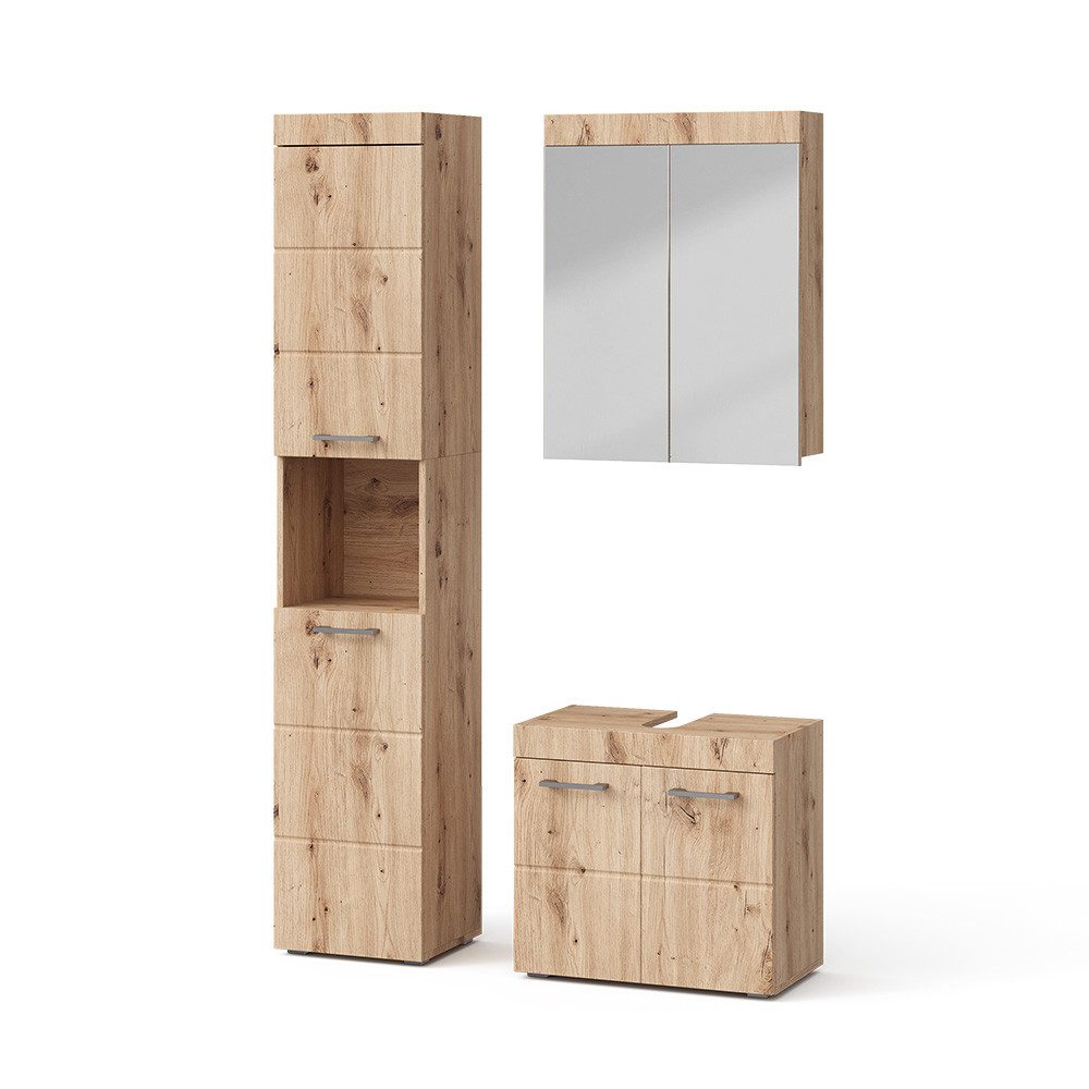 Vicco Badmöbel-Set Luna, Eiche, 3 Teile, mit Hochschrank, (3-St., 3er Set)