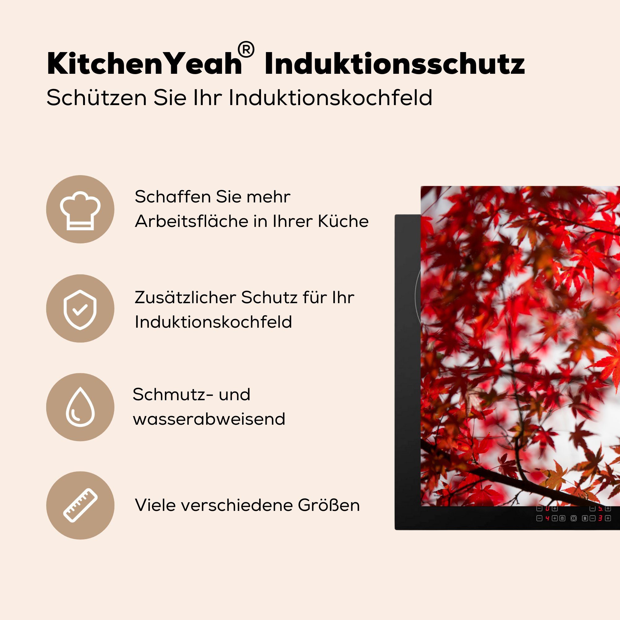 MuchoWow Herdblende-/Abdeckplatte Rote tlg), Vinyl, Schutz 81x52 Blätter (1 japanischen für eines die küche, cm, Ceranfeldabdeckung Ahorns, Induktionskochfeld