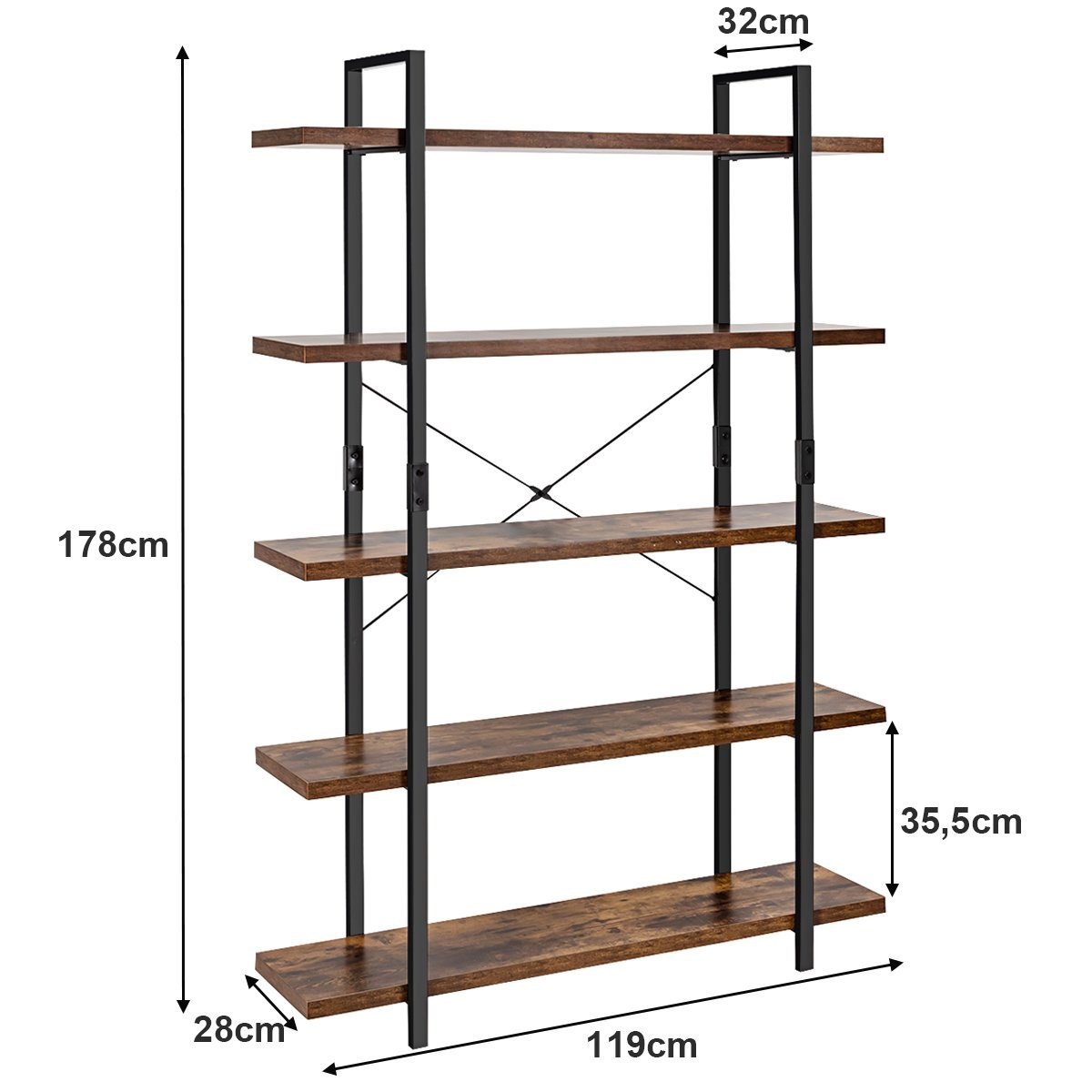 Metallrahmen, COSTWAY Holz, Ebenen, 5 119x32x178cm Standregal,