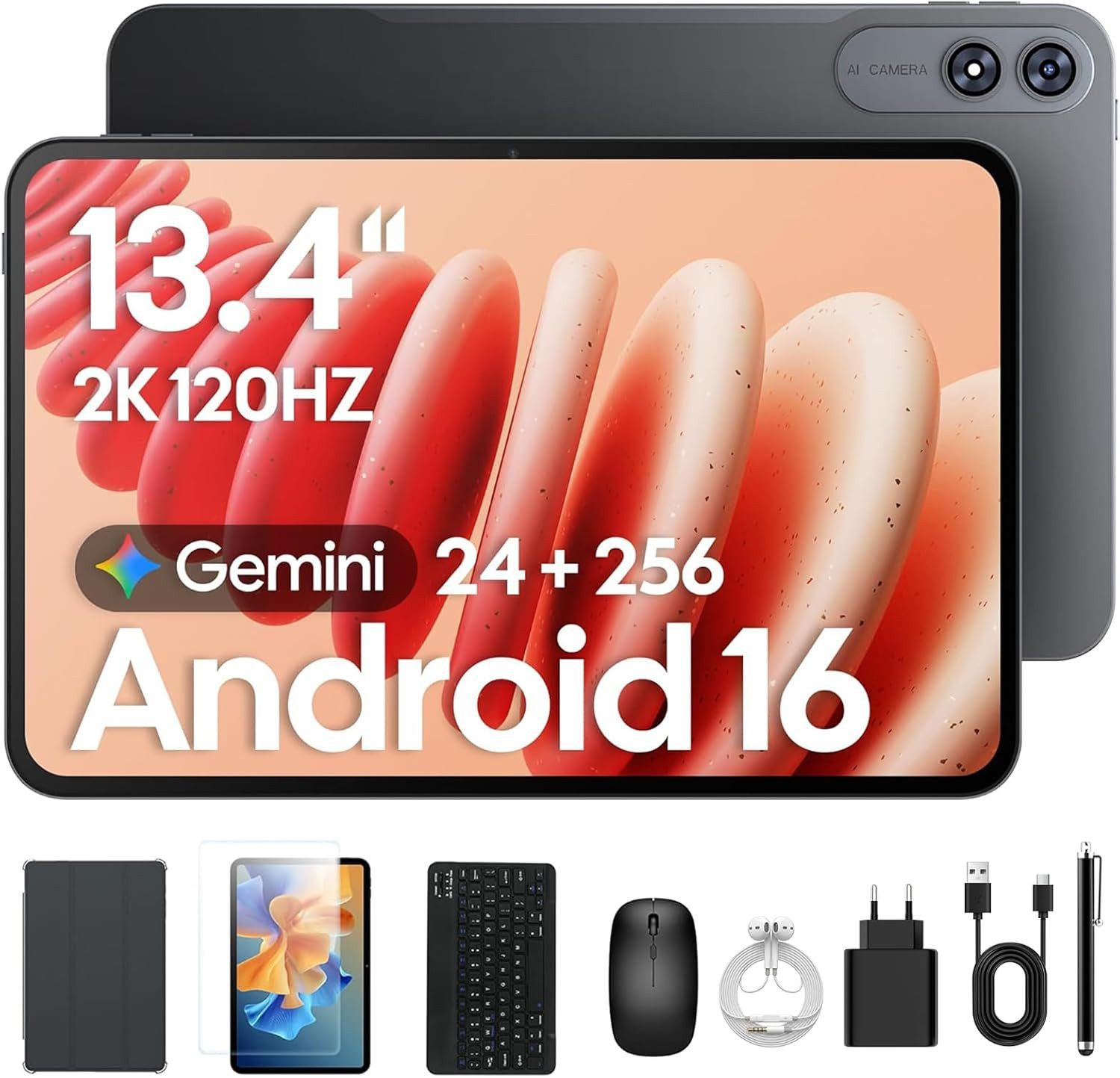 TABWEE 13.4" Android 16 mit Tastatur Maus Stift Kopfhörer 10000mAh 256GB Tablet (13.4", 256 GB, Android16, 10000 mAh, Android 16, Gemini AI, mit Zubehör, Kabel-Headset)