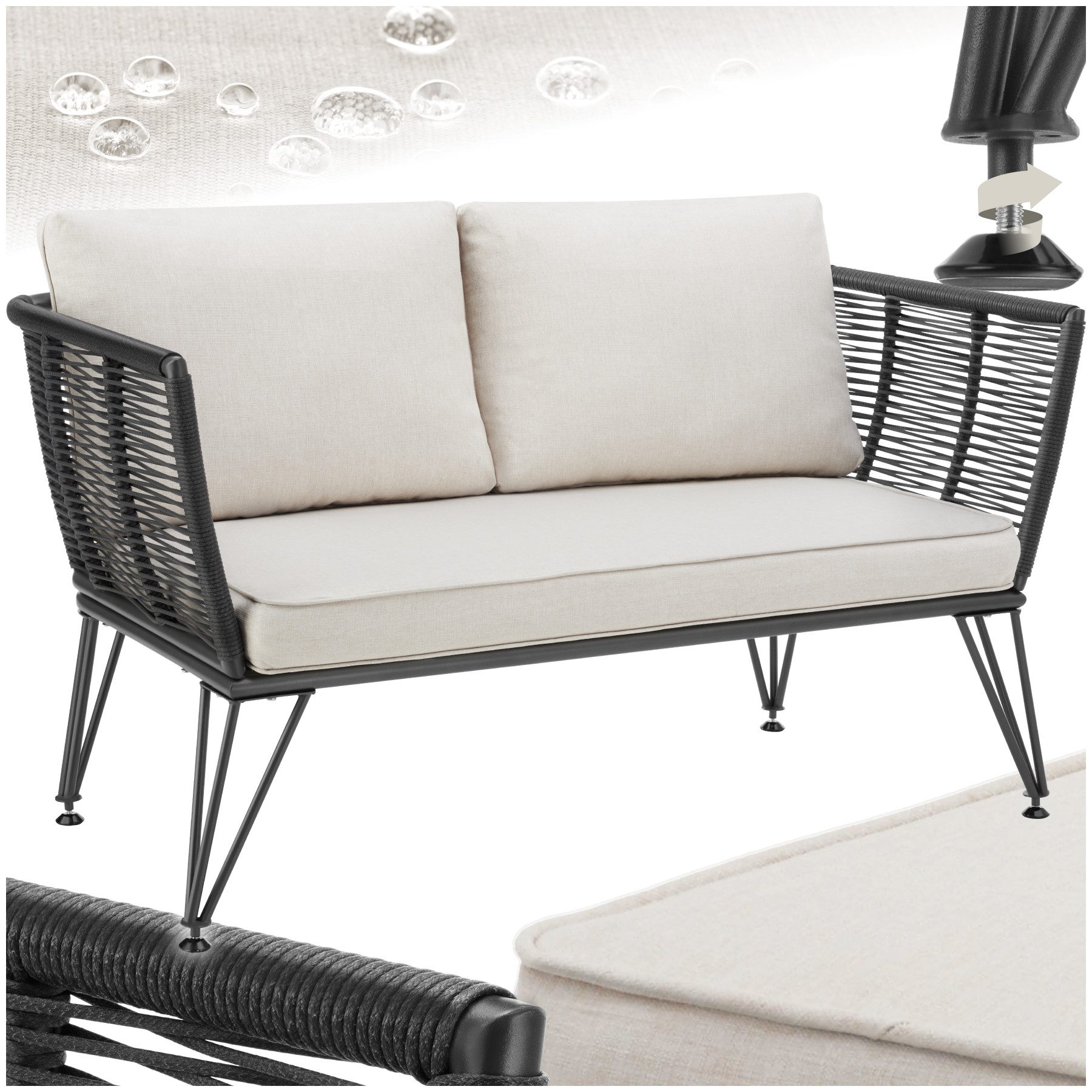 tectake Essgruppe Garten-Loungesofa mit Stahlgestell, 131 x 67 x 71 cm, (Gartensofa Sundo, 1-tlg., Rope-Design in anthrazit), abnehmbare Polyesterbezüge, 250 kg Belastbarkeit, höhenverstellbar