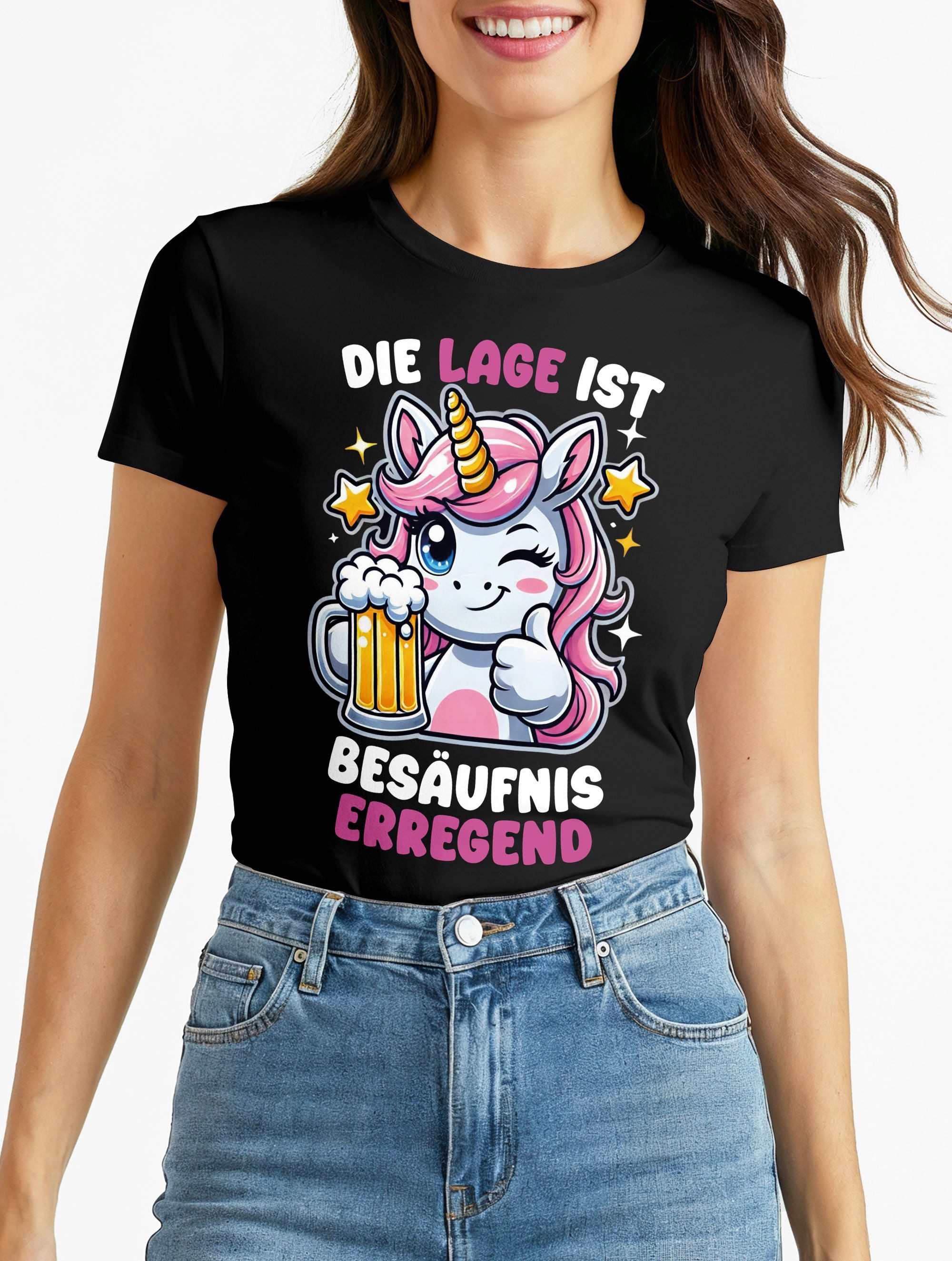 Print-Shirt Damen T-Shirt Einhorn Bier Partyshirt Last Minute Faschingskostüm