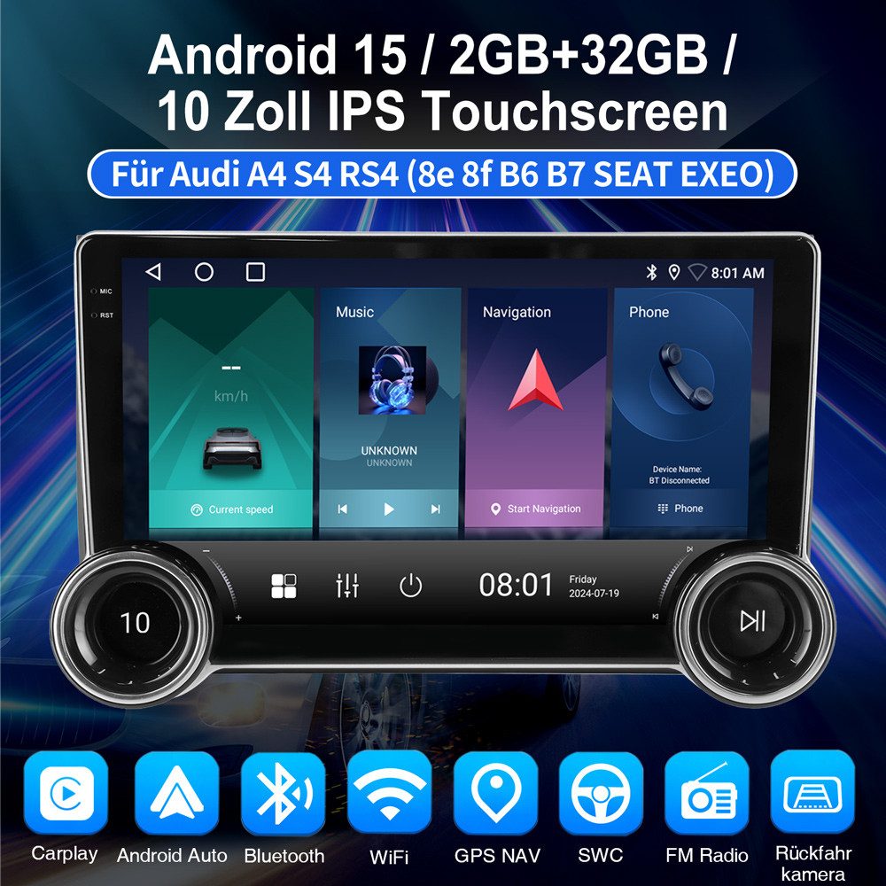 ESSGOO 10,1 Für Audi A4 S4 RS4 B6 B7 SEAT EXEO 4+64G Doppel-Drehregler Autoradio (RDS, Digitalradio (DAB), FM, Apple Carplay Android Auto GPS Navi WIFI BT EQ SWC)