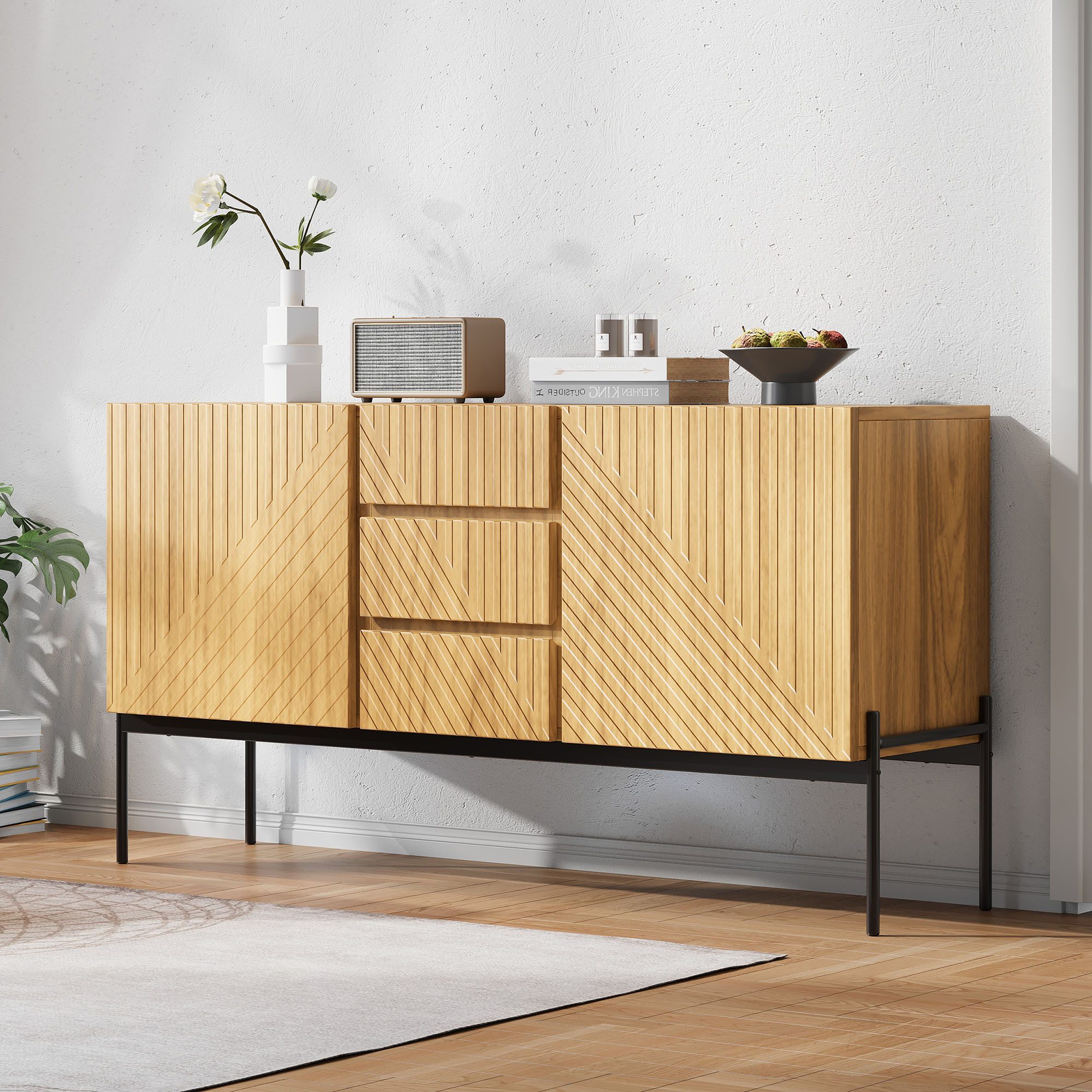 Flieks Kommode mit 3 Schubladen und 2 Türen (B140/T40/75 cm, 1 St., für Wohnzimmer, Schlafzimmer, Esszimmer, Flur), Sideboard mit verstellbare Einlegeböden Mehrzweckschrank Holzschrank